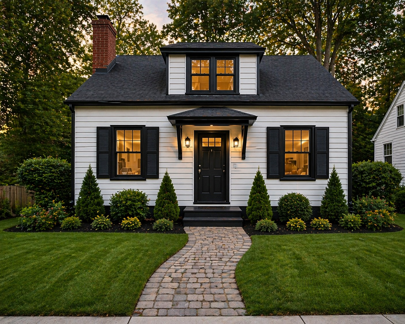 White two-story house with black shutters, black front door, and black window trim, surrounded by landscaped garden with small evergreen trees and flowering bushes, cobblestone pathway leading to the front door, and warm interior lighting visible through the windows, set against a backdrop of trees at dusk.