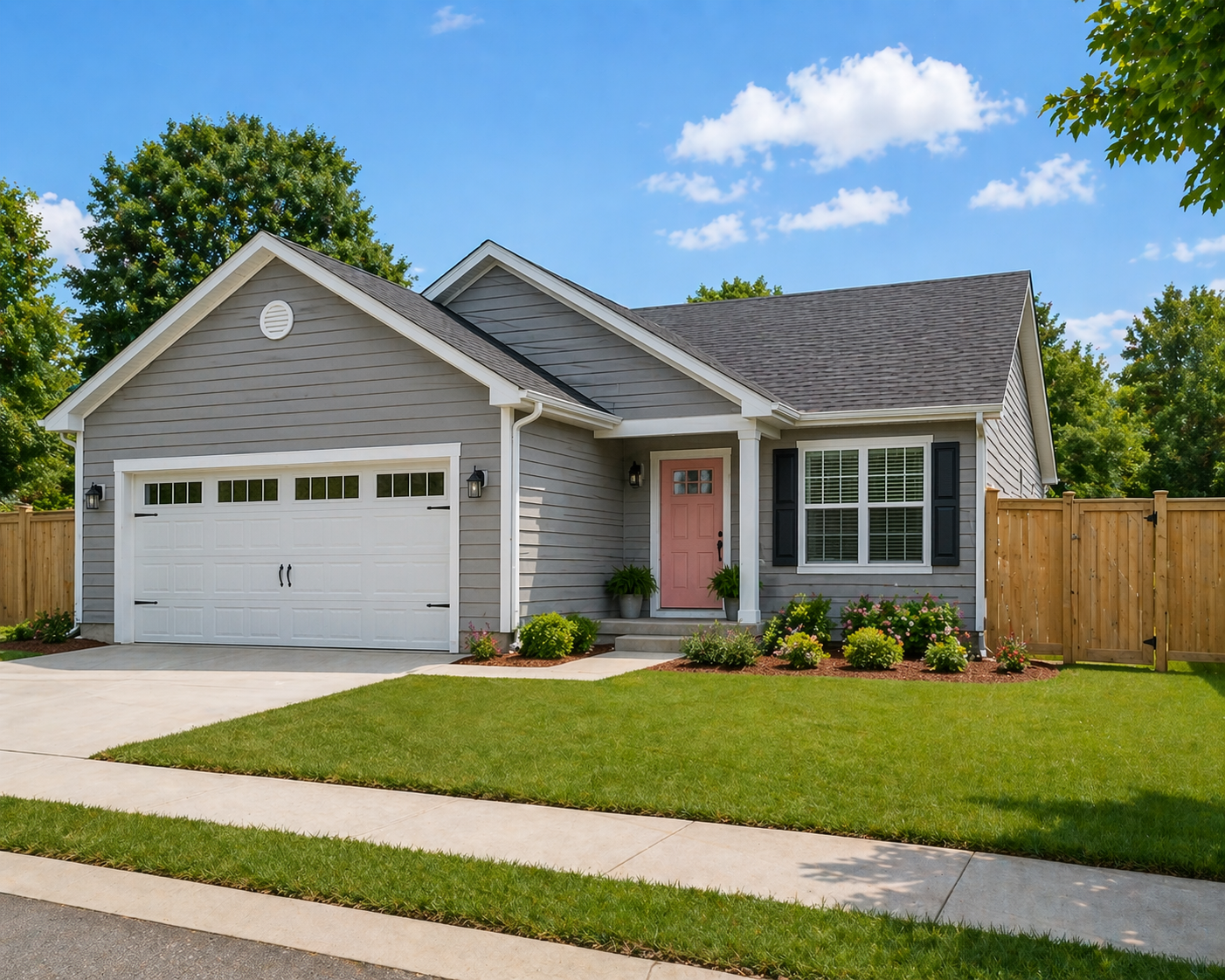 A single-story house with gray siding, a white garage door with small windows, a pink front door, black shutters, and a wooden fence surrounded by green lawn and landscaping.
