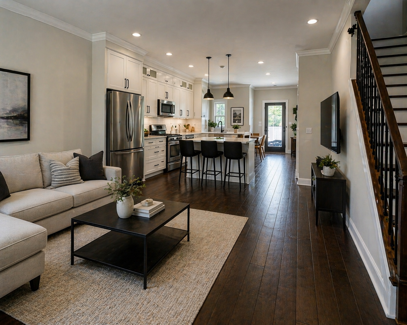 Open-concept living room and kitchen with dark hardwood floors, white cabinetry, stainless steel appliances, a kitchen island with black barstools, and a seating area with a beige sofa and coffee table.