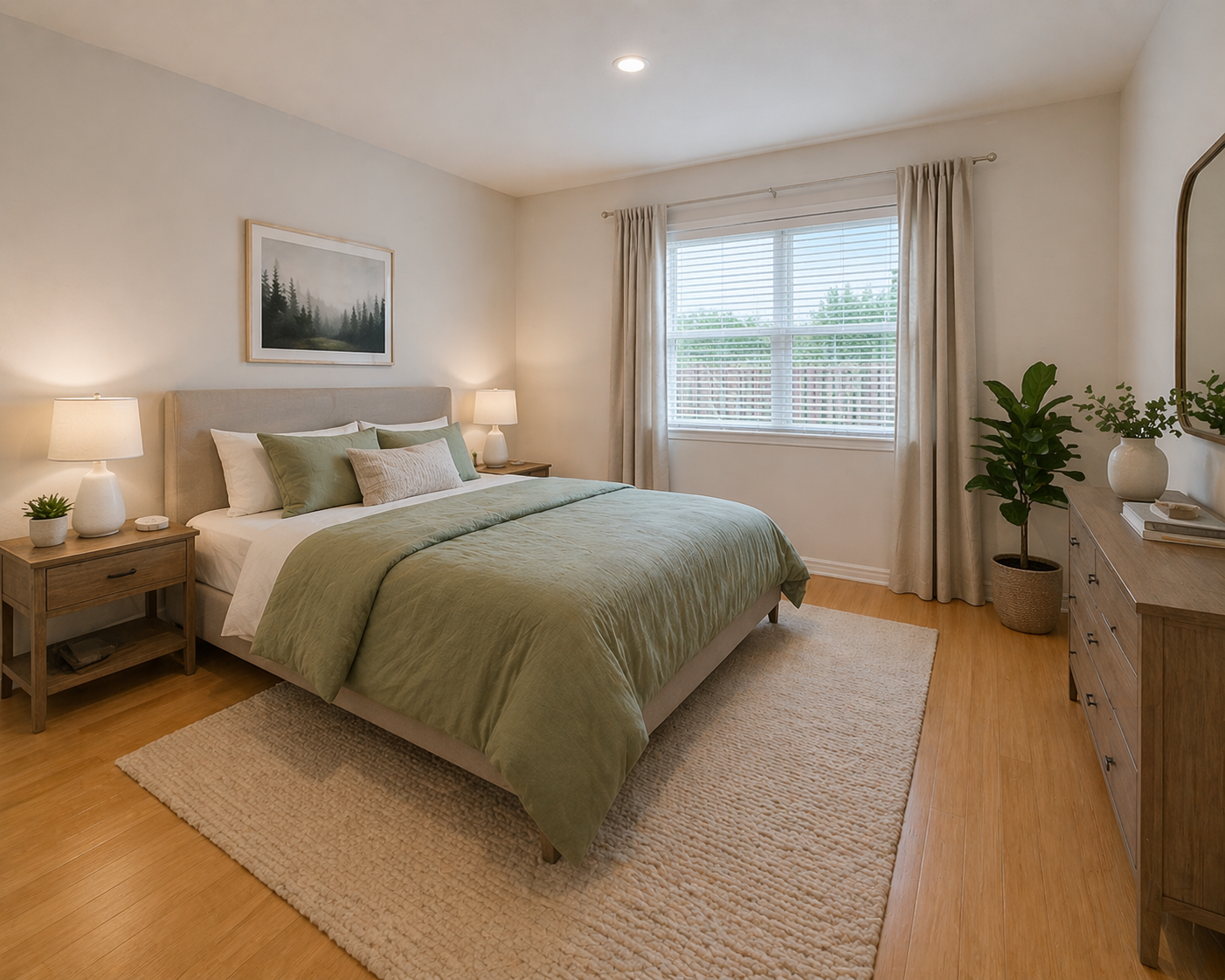 A cozy bedroom with a bed covered in green bedding and multiple pillows, bedside tables with lamps, a large window with blinds and curtains, a dresser with decorative items, a potted plant, and framed artwork on the wall.