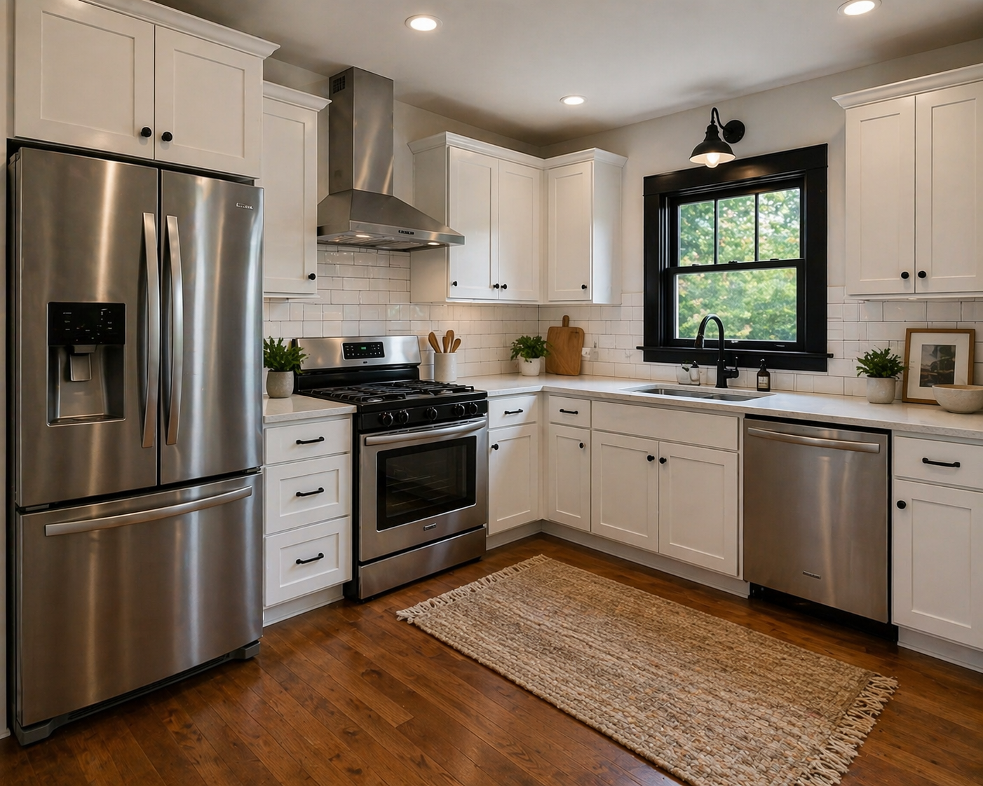 Modern kitchen with white cabinets, stainless steel appliances, black window trim, wooden floor, and decorative plants.