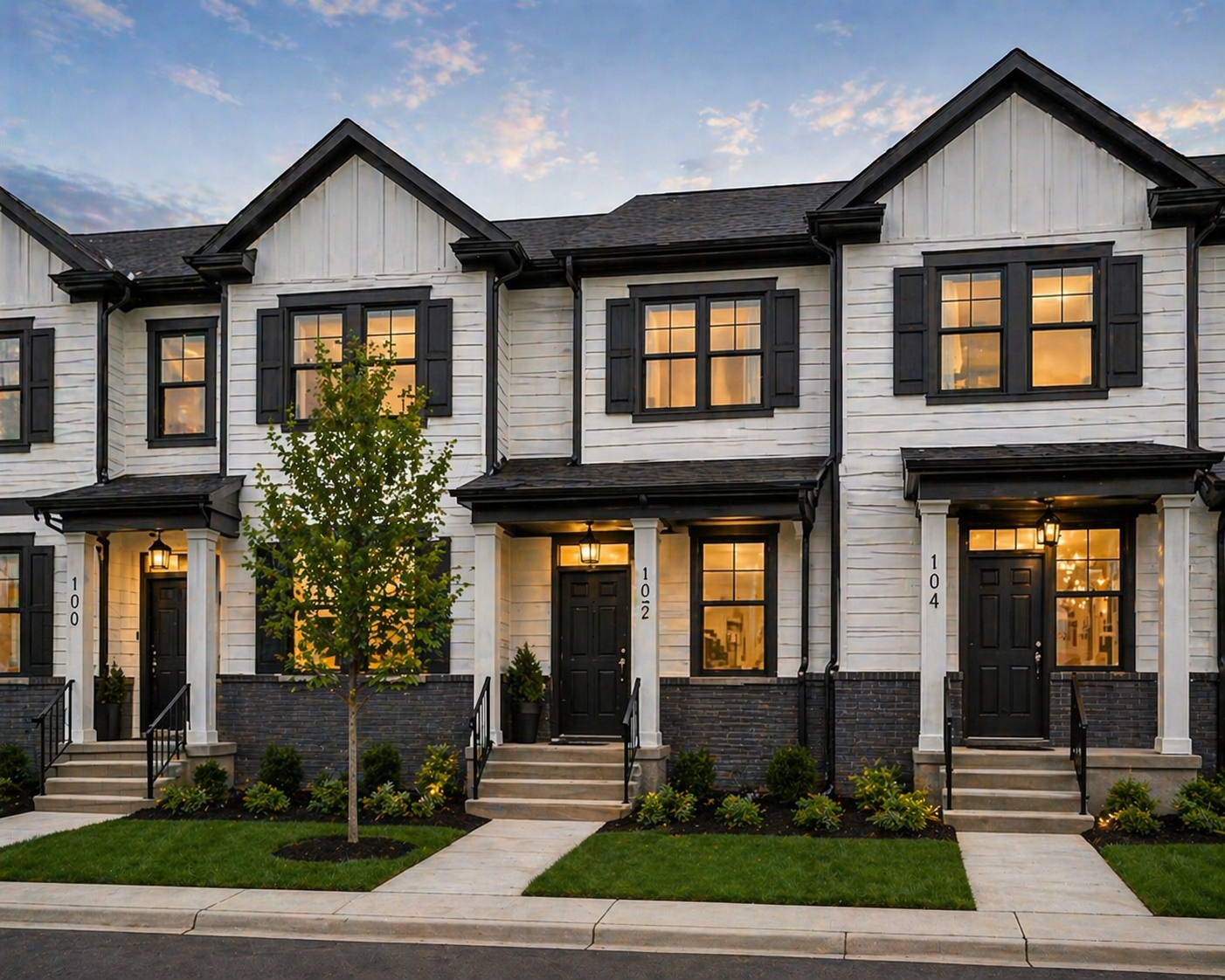 A row of modern townhouses with white siding, black shutters, and black front doors, illuminated from inside, during sunset.