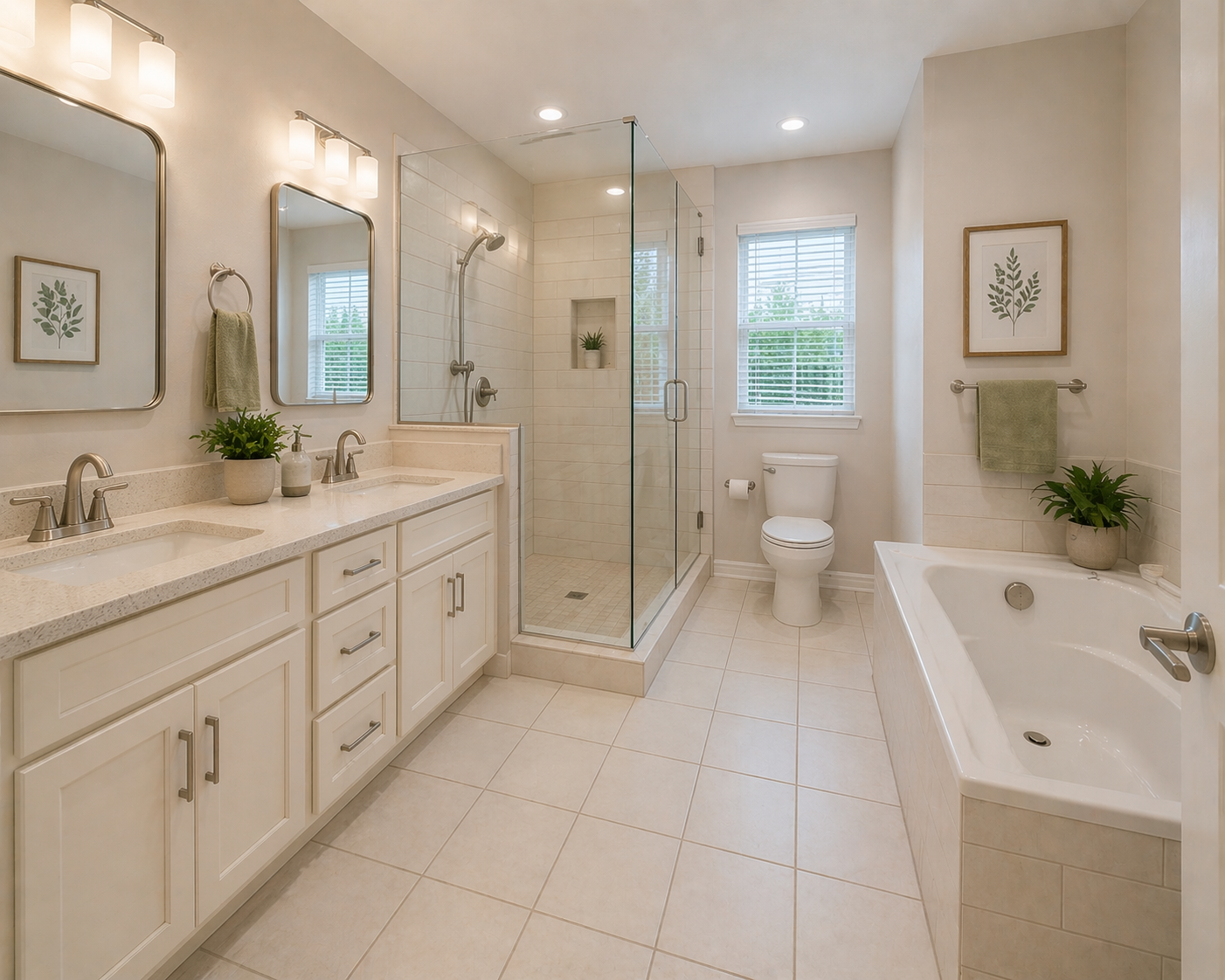 A modern bathroom with a double vanity, large mirrors, a glass-enclosed shower, a toilet, and a bathtub. The room has light-colored tiles, white cabinetry, and is decorated with potted plants and framed artwork.