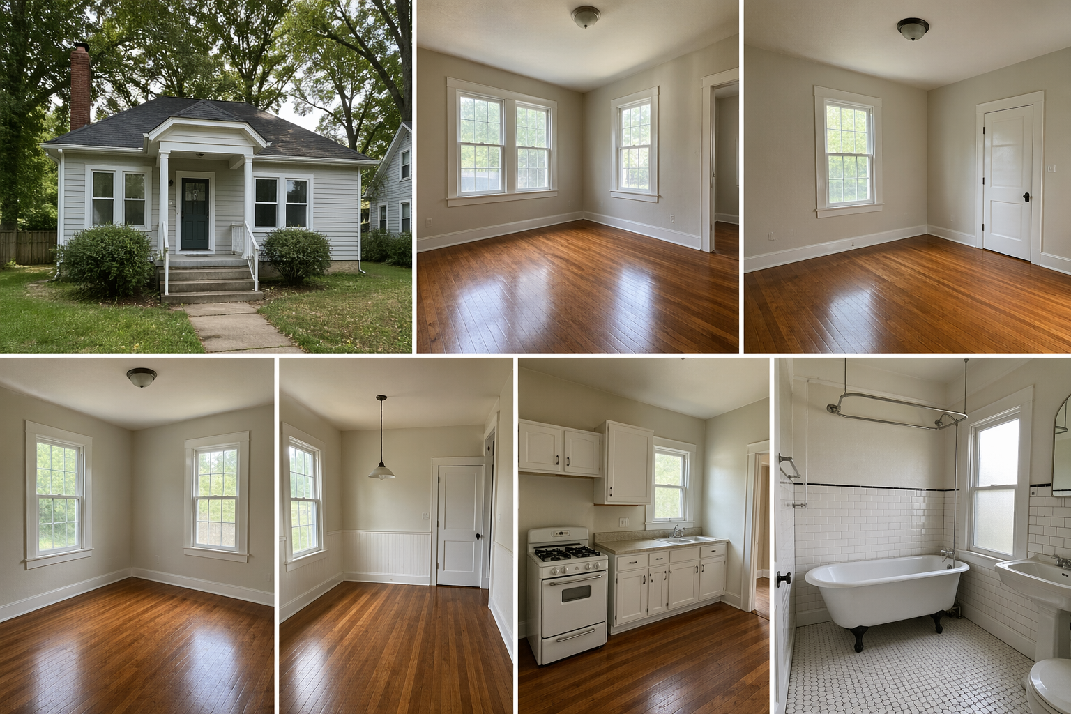 Photo collage of a house interior and exterior. The exterior shows a small white house with a front porch, stairs, and a green lawn. The interior images depict empty rooms with white walls, hardwood floors, windows, and a kitchen with white cabinets, a stove, and a sink. A separate bathroom with a clawfoot tub, two sinks, and tiled flooring is also shown.