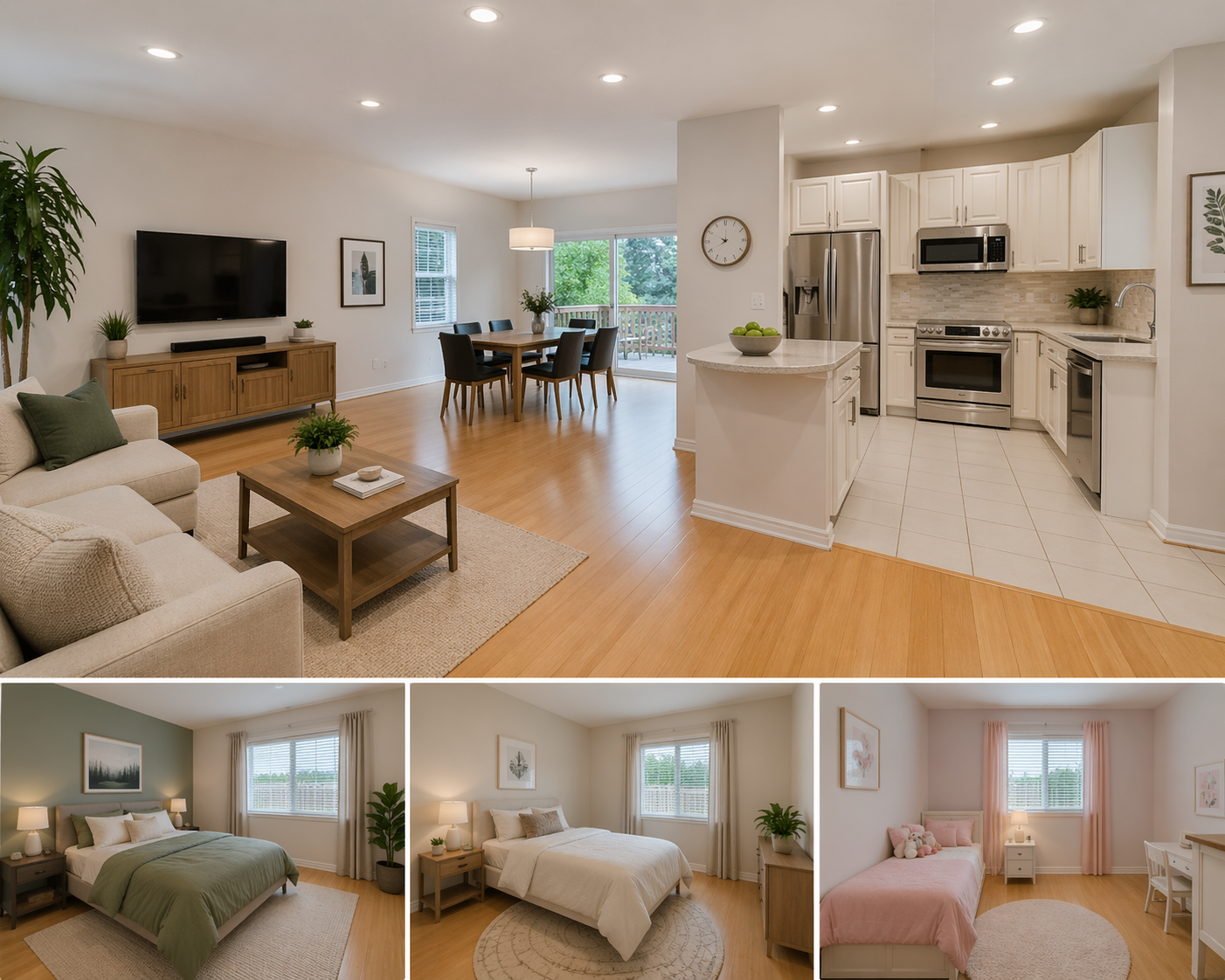 Open-concept living room, dining area, and kitchen with hardwood floors, light-colored walls, and modern furnishings. The living room has a beige sofa, a wooden coffee table, and a TV console. The dining area has a table and chairs by a sliding glass door leading to a deck. The kitchen has white cabinets, stainless steel appliances, and an island with a bowl of green apples. The bottom images show three bedrooms: one with a green bedspread, one with a white comforter, and a pink-themed room with stuffed animals.