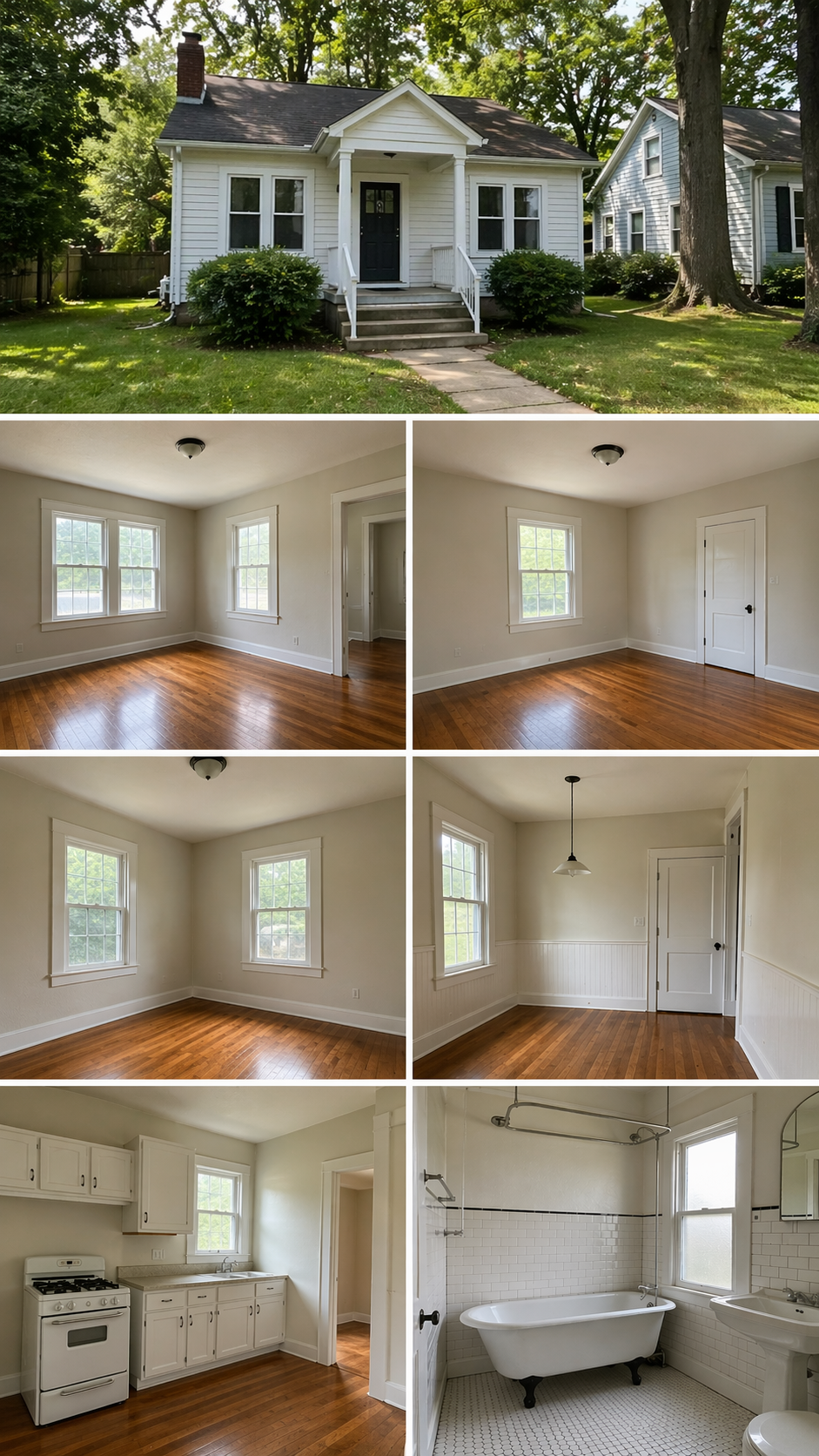 Exterior of a small white house with a porch, surrounded by trees and greenery, with neighboring houses visible. Interior photos include a bright living room with hardwood floors and multiple windows, a kitchen with white cabinets and a stove, and a bathroom with a clawfoot tub, white tiled walls, and a window.