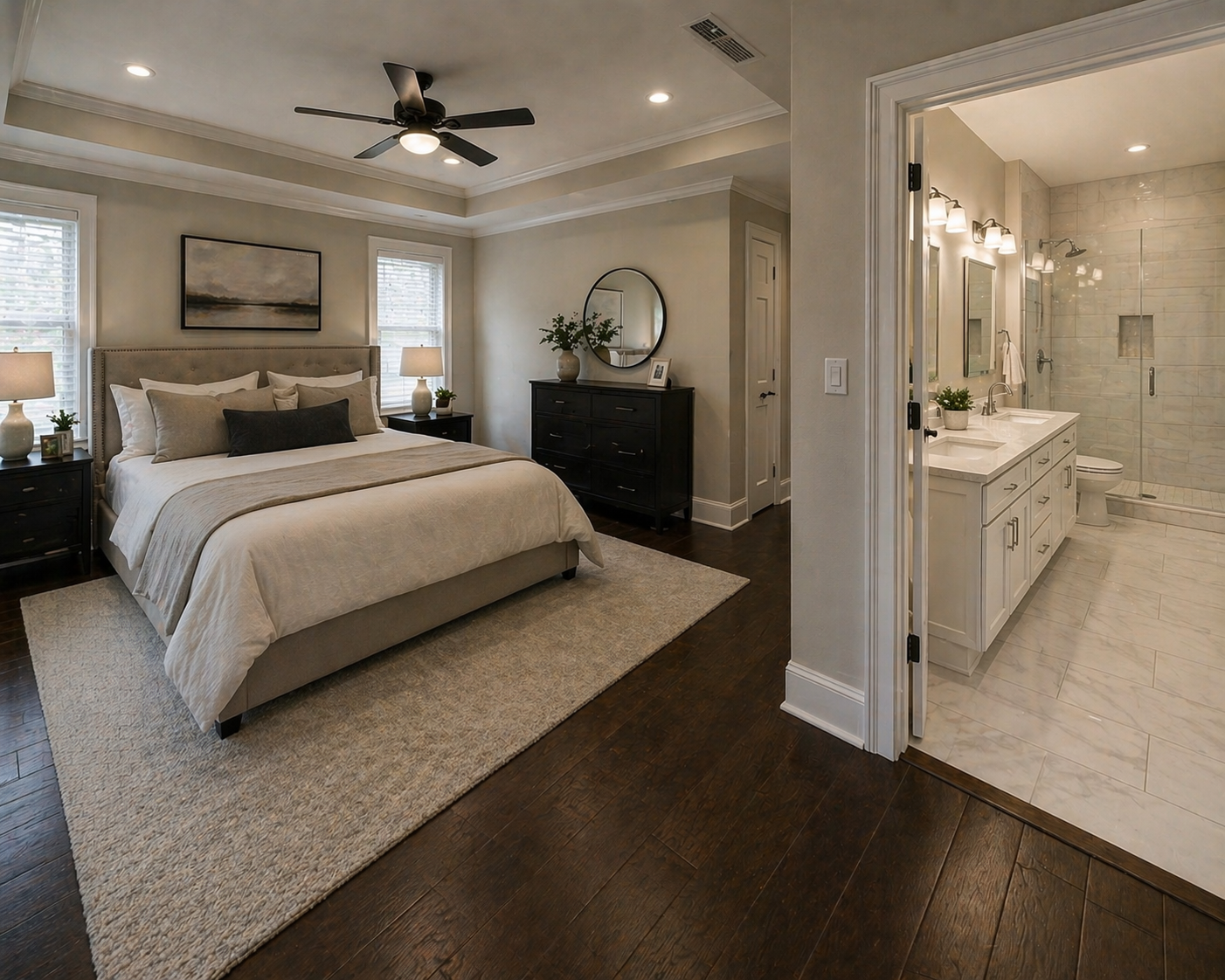 A bedroom with a large bed, nightstands, lamps, and a dresser, with an adjoining bathroom visible through an open door.