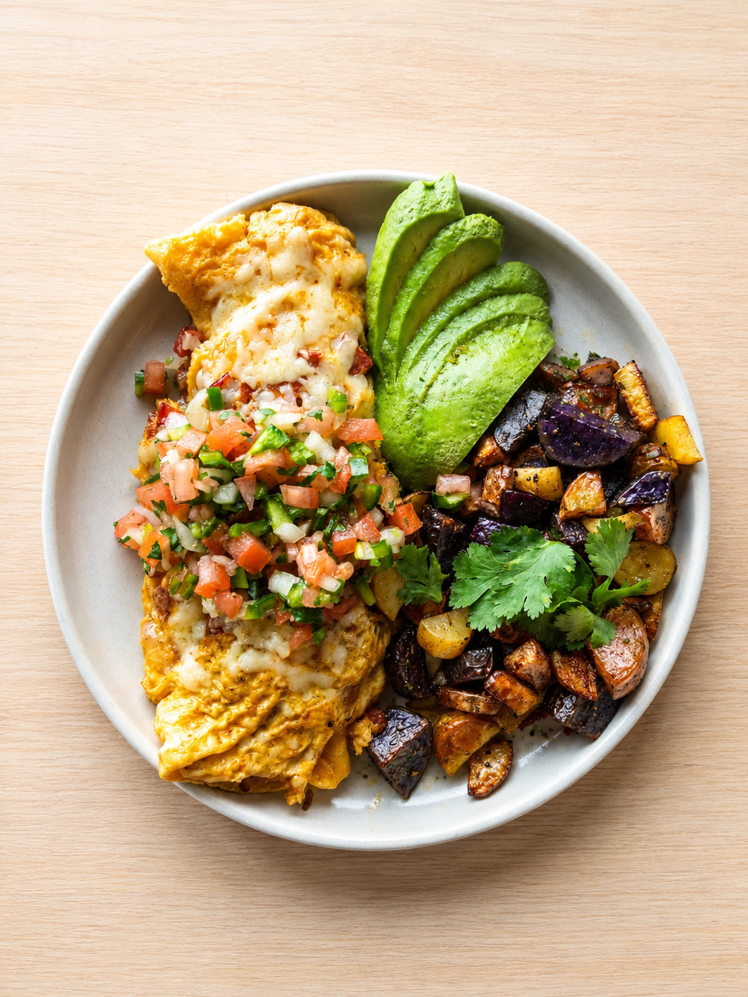 Plate with scrambled eggs topped with cheese and salsa, sliced avocado, roasted eggplant and potatoes with cilantro.