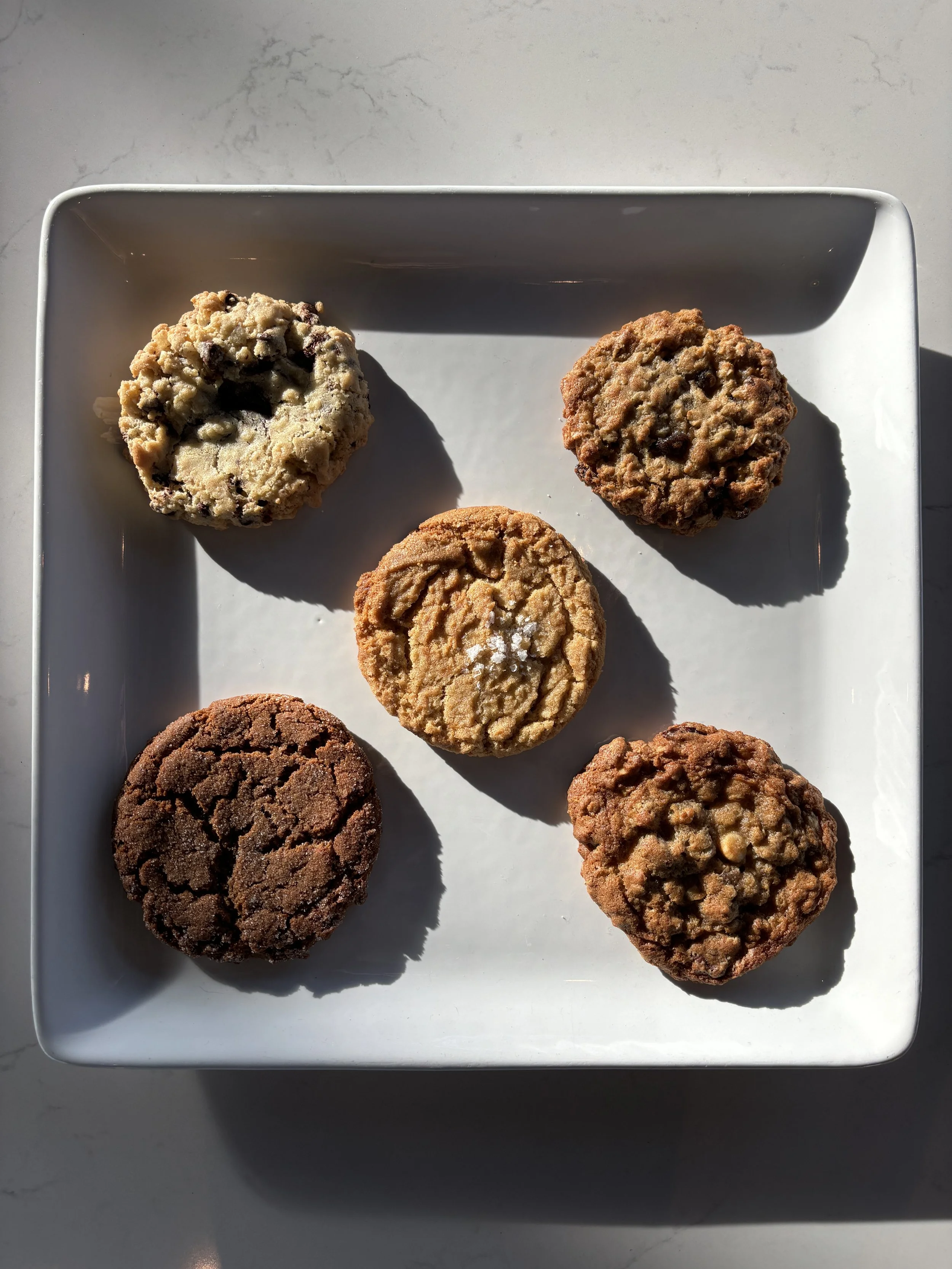 Six cookies on a white rectangular plate, with a chocolate chip cookie, oatmeal cookie, and chocolate cookie among them.