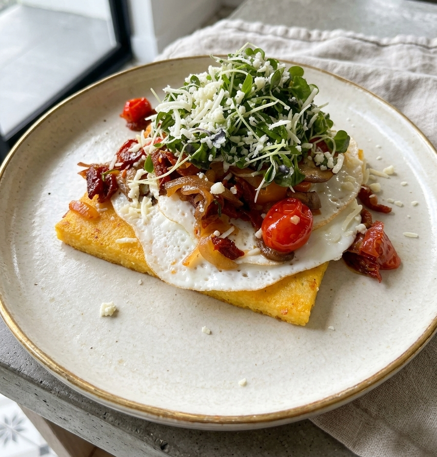 A plate of a breakfast dish with a bed of fried polenta topped with fried eggs, cherry tomatoes, sautéed onions, and microgreens with shredded cheese on top.