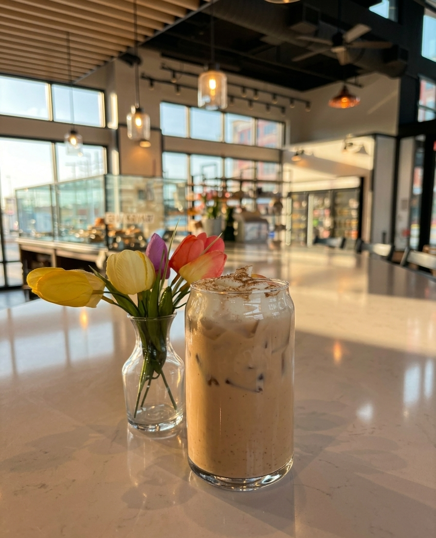 A glass of iced coffee with whipped cream and cinnamon next to a vase of colorful tulips on a white marble countertop inside a modern coffee shop with large windows and warm lighting.