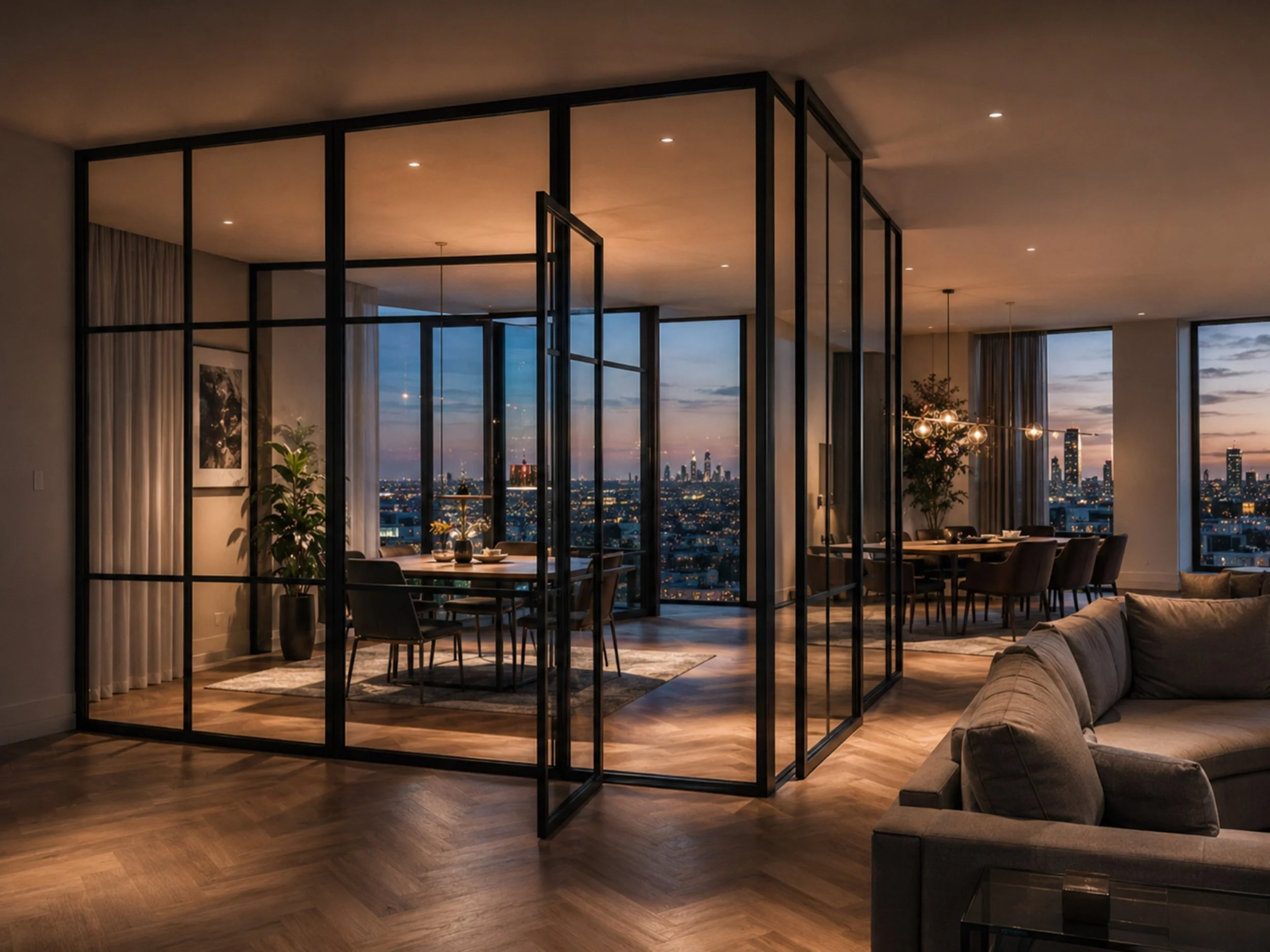 Black steel-framed glass room enclosure within a contemporary penthouse interior