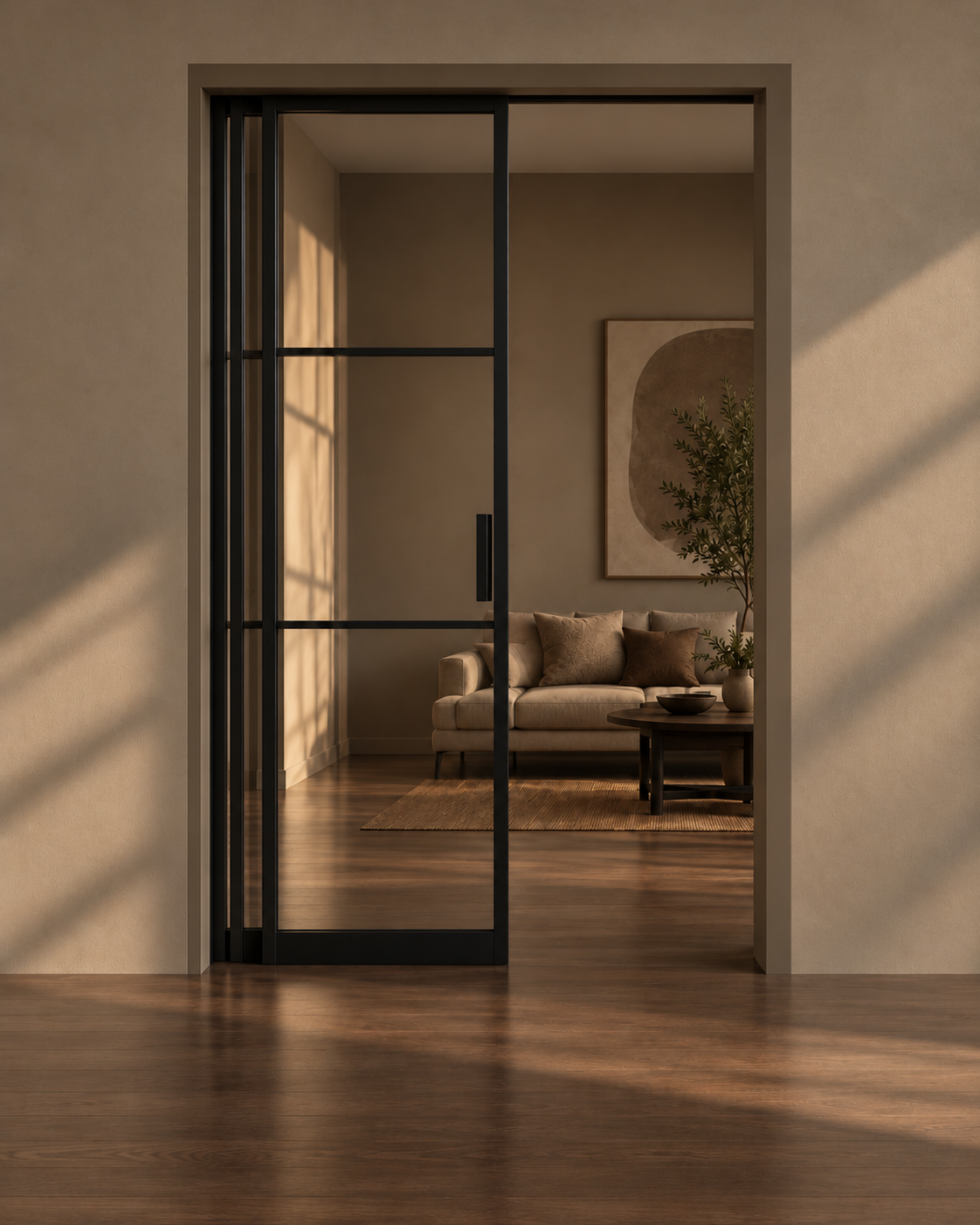 Bespoke black steel pocket sliding glass door recessed into a wall opening
