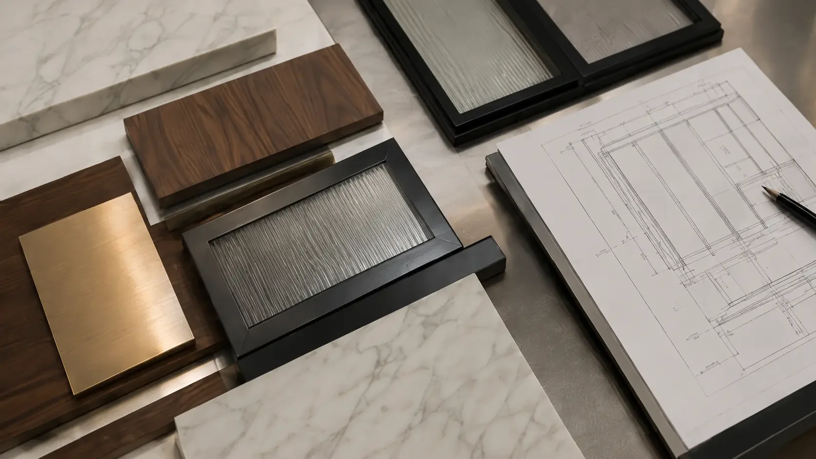 Walnut, marble, brass, black steel and fluted glass samples beside an architectural drawing