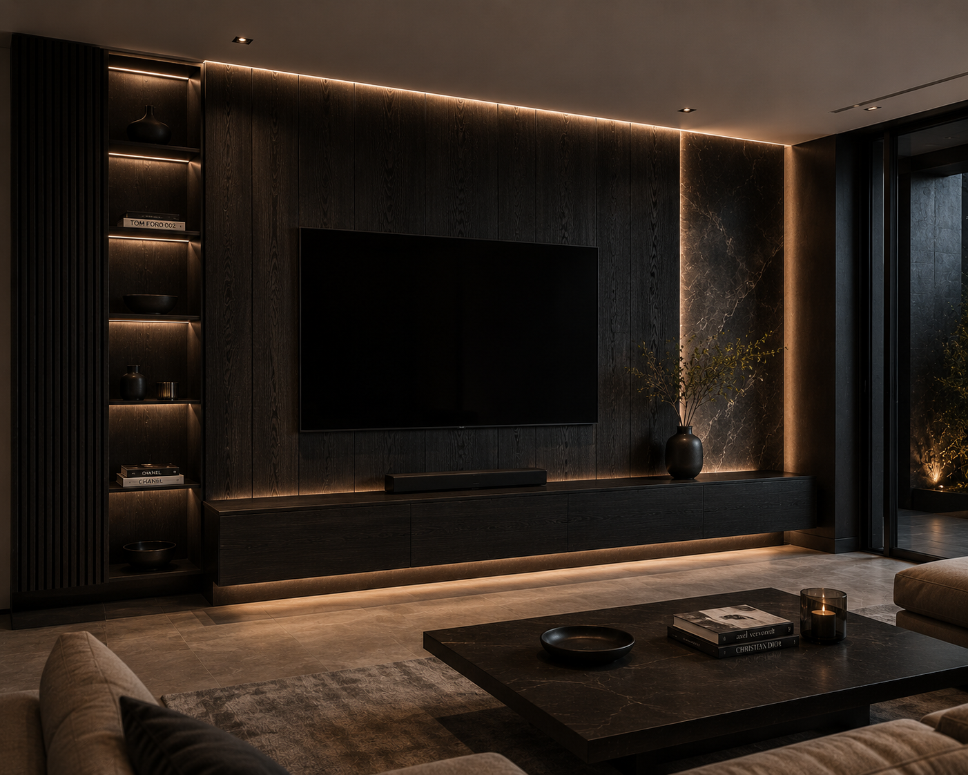 Modern minimalist lounge at dusk