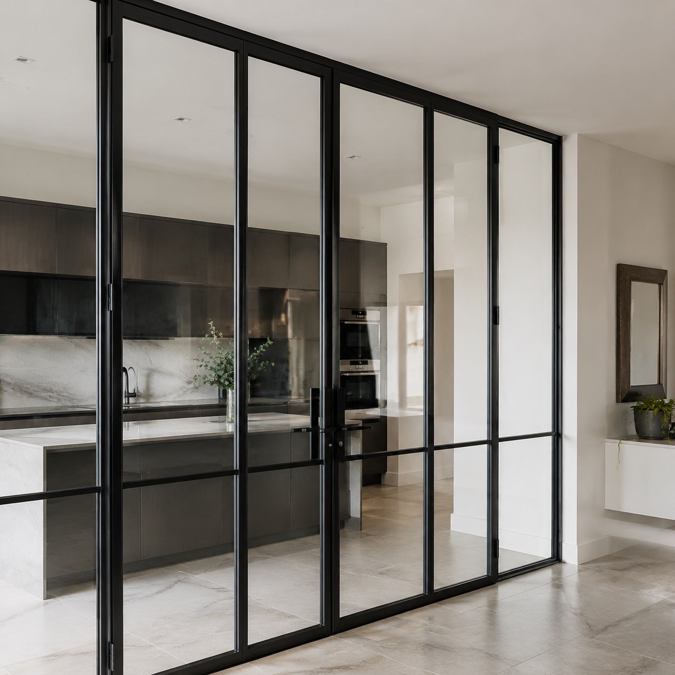Full-height black steel-framed glass doors dividing a bright contemporary kitchen and living space.