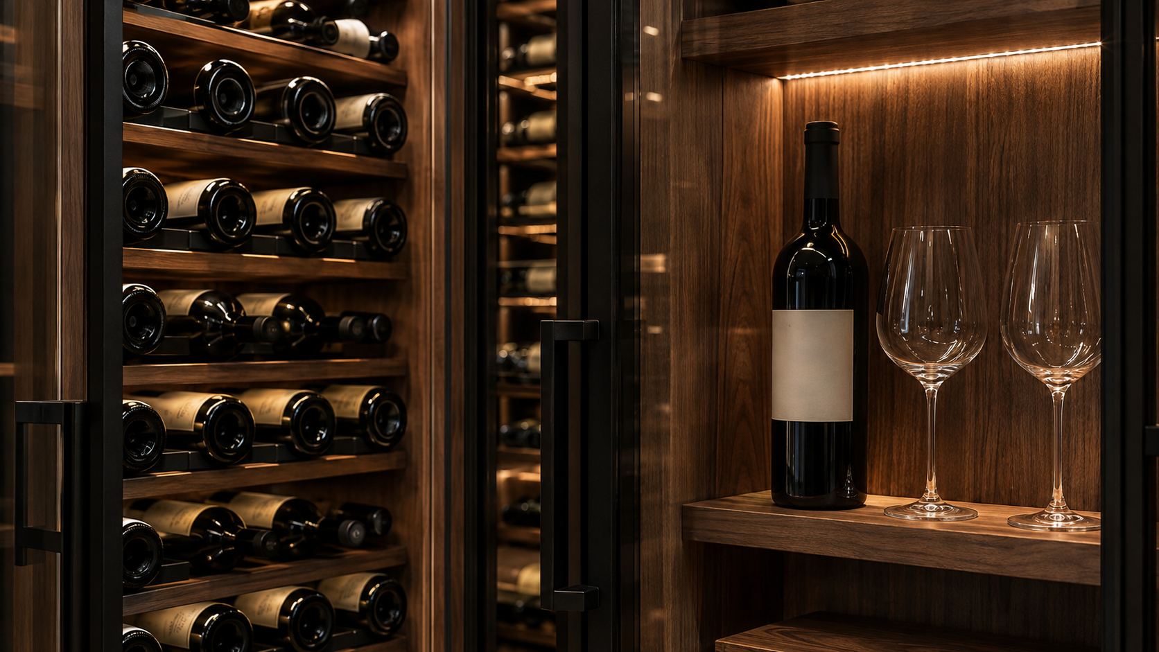 Wine bottles displayed in made-to-measure timber cabinetry behind black steel glazing