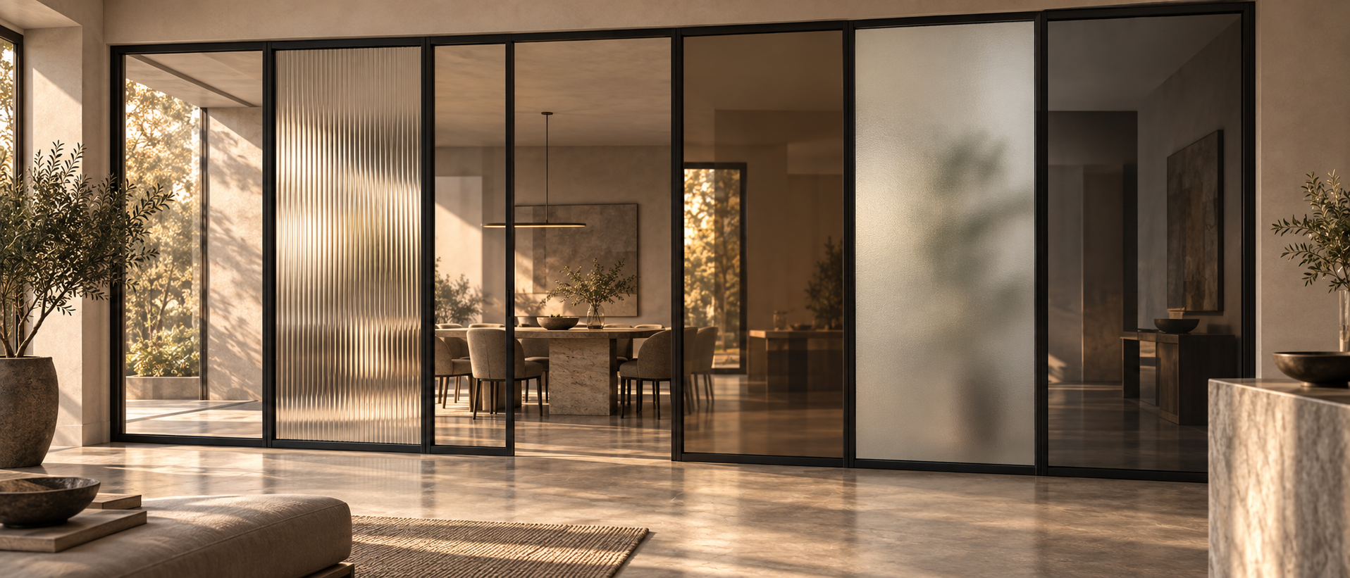 Black steel framed glass panels showcasing clear, fluted, bronze tinted, frosted and smoked glass options