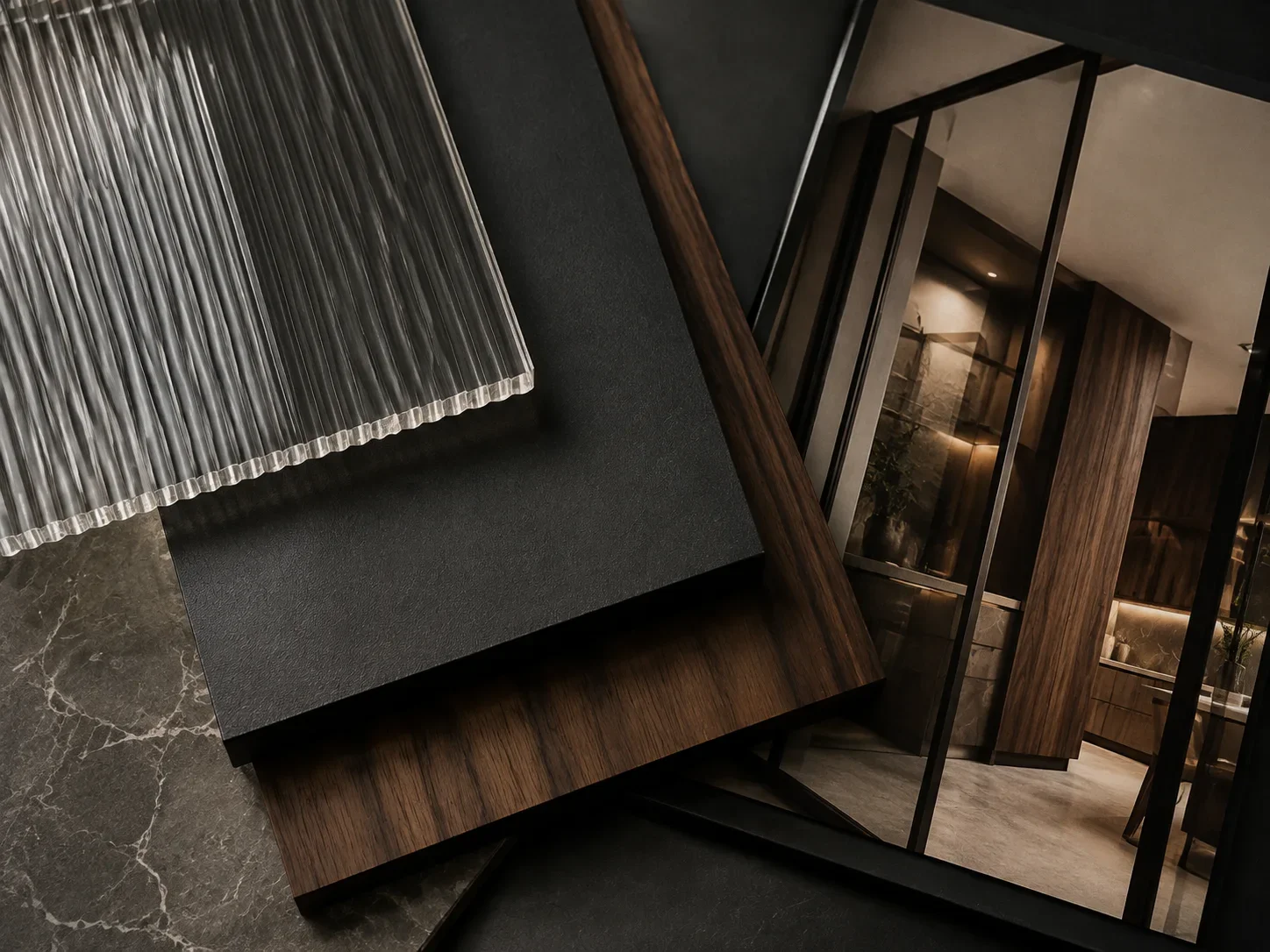 Black Steel + Walnut + Fluted Glass