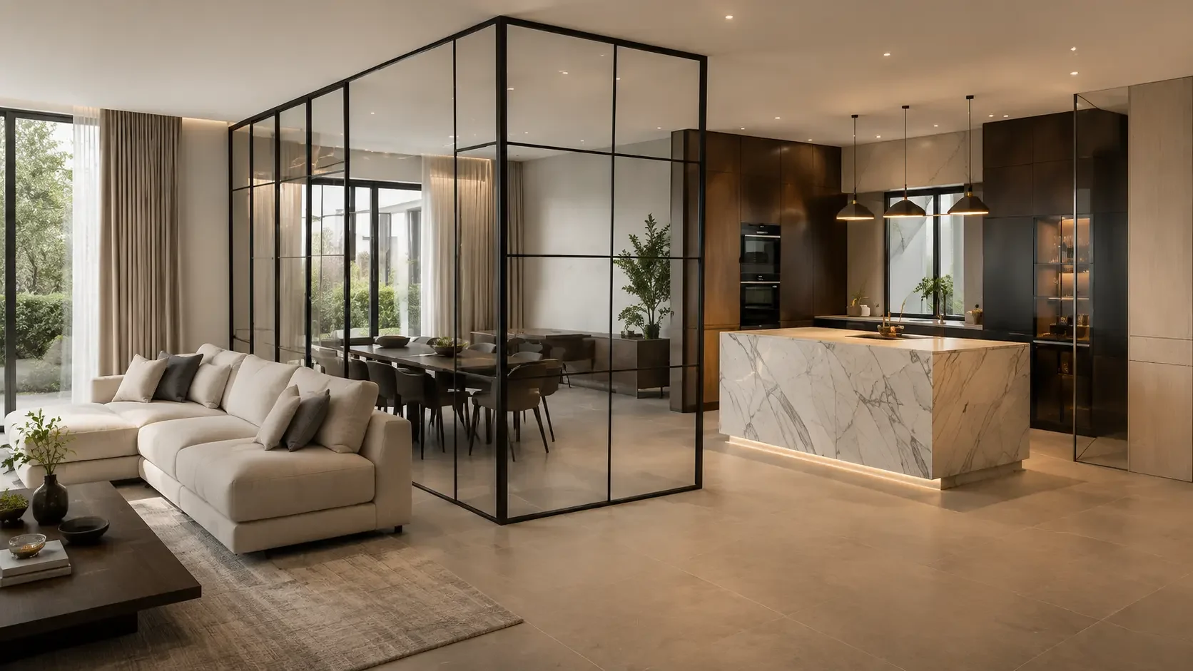 Open-plan bespoke interior designed around black steel glazing, walnut joinery and marble