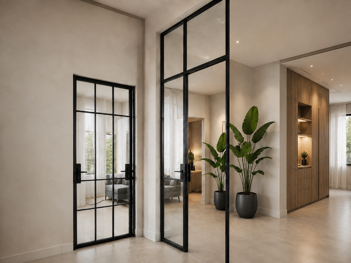 Modern interior with glass and black metal partition, beige walls, and potted plants.