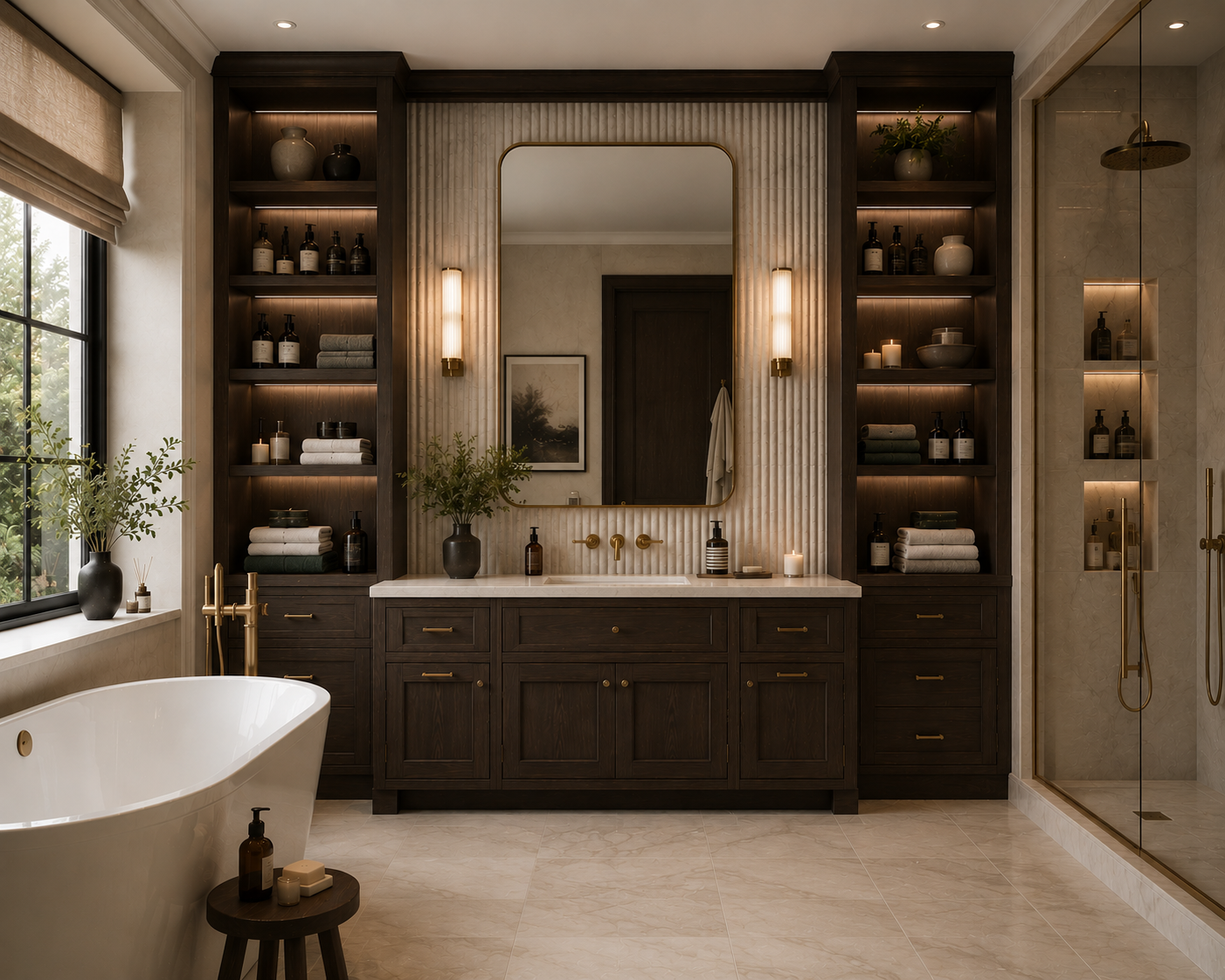 Symmetrical luxury bathroom with warm tones