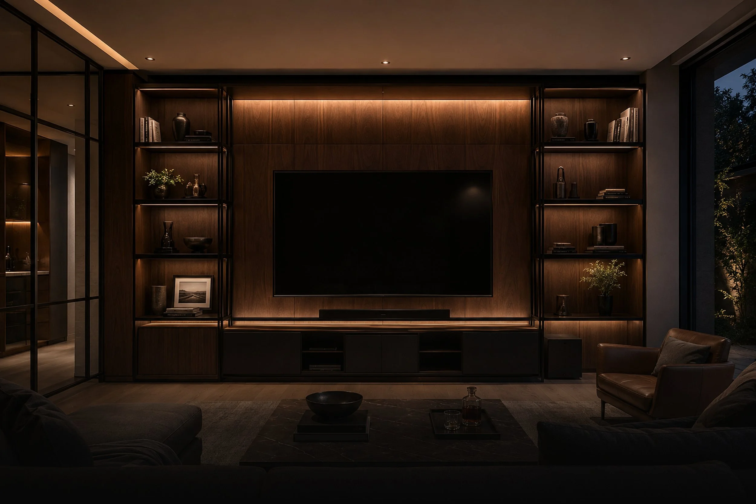 Technology discreetly integrated into furniture and architecture.