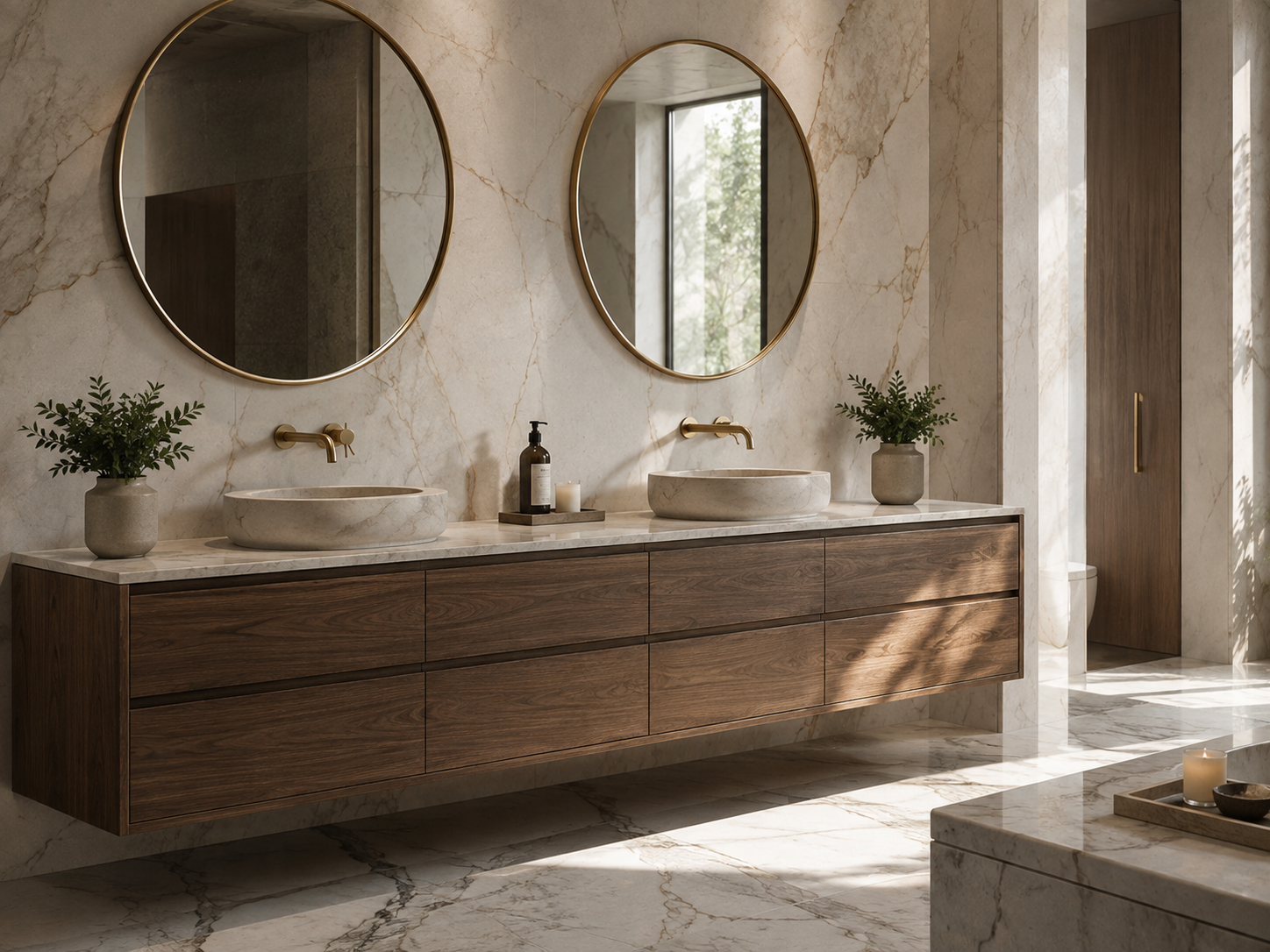 Bespoke limestone vanity applied to a warm modern bathroom interior