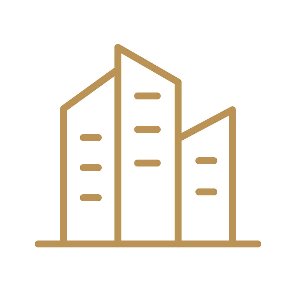 Line drawing of a group of four modern high-rise buildings in gold outline.