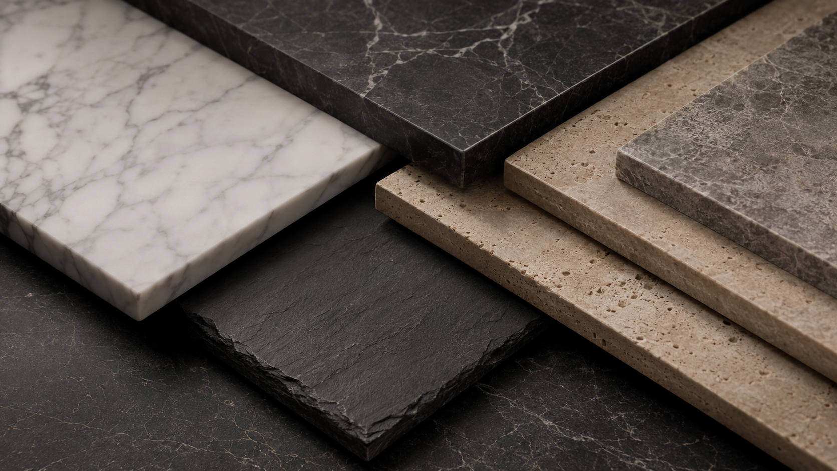 Layered samples of white marble, Pietra Grey, travertine, slate and grey stone