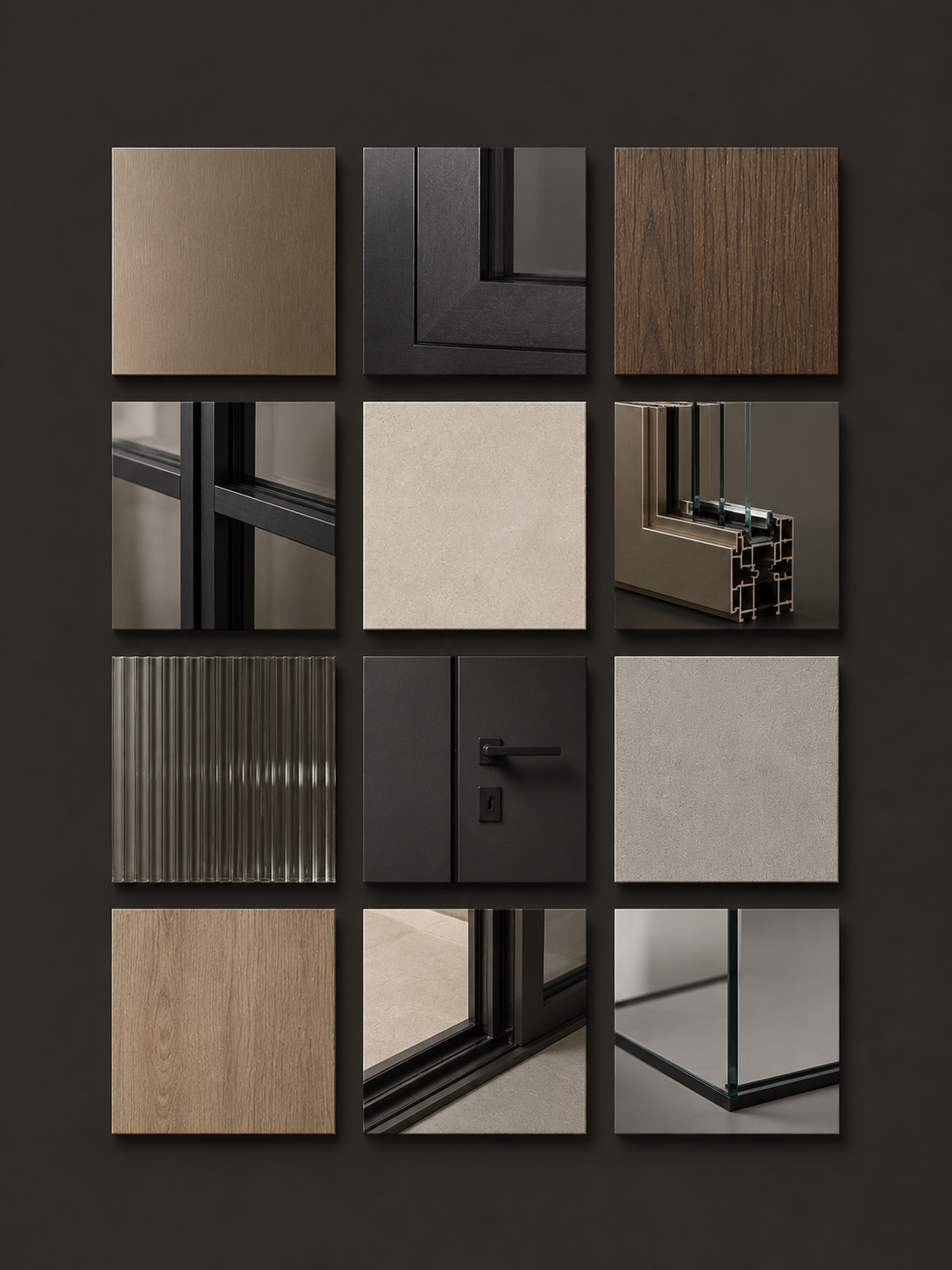 A 3x4 grid of samples of different modern architectural materials and finishes, including wood, metal, glass, and stone, arranged on a dark background.
