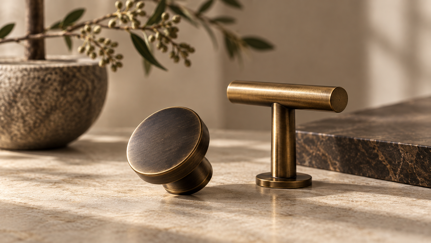 Antique brass cabinet knob and T-bar handle displayed on natural stone