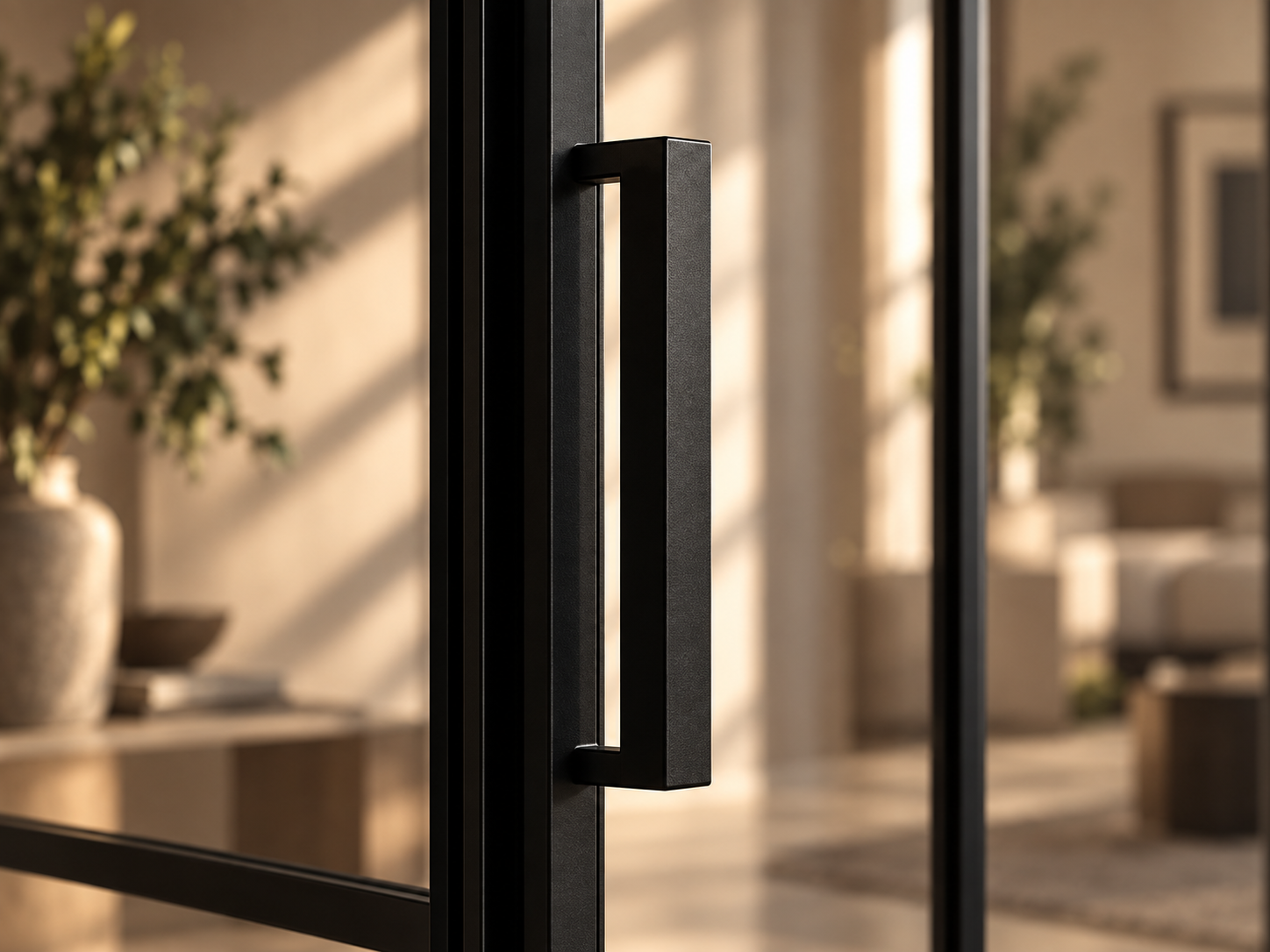 Black D pull handle fitted to a bespoke steel framed glass door