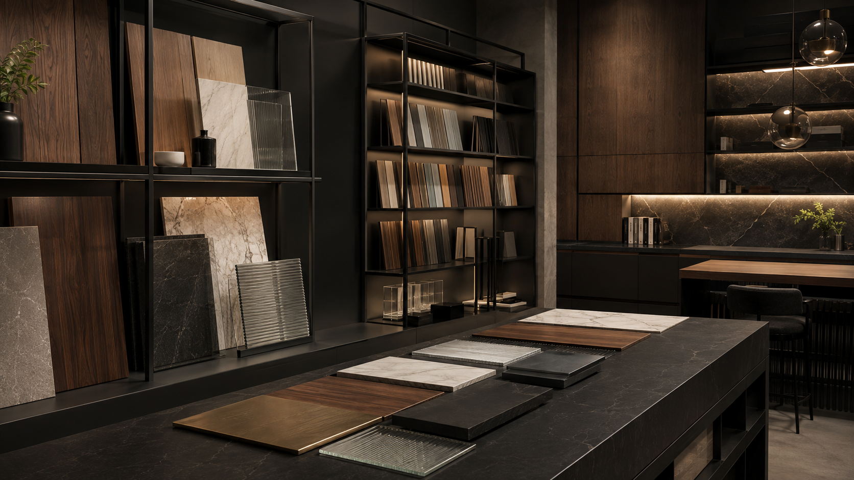 Interior showroom displaying various sample materials including wood, marble, and stone slabs on a dark modern table, with bookshelves filled with color and material catalogs in a sleek, contemporary setting.