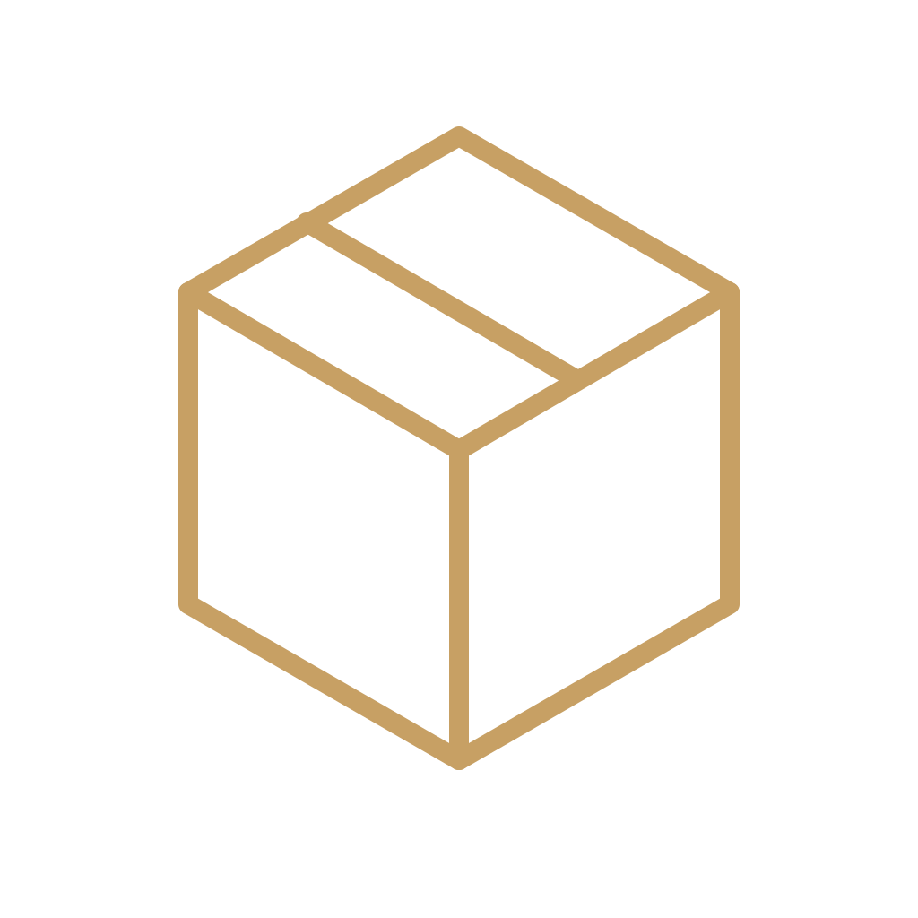 Line drawing of a 3D cube outlined in gold on a black background.