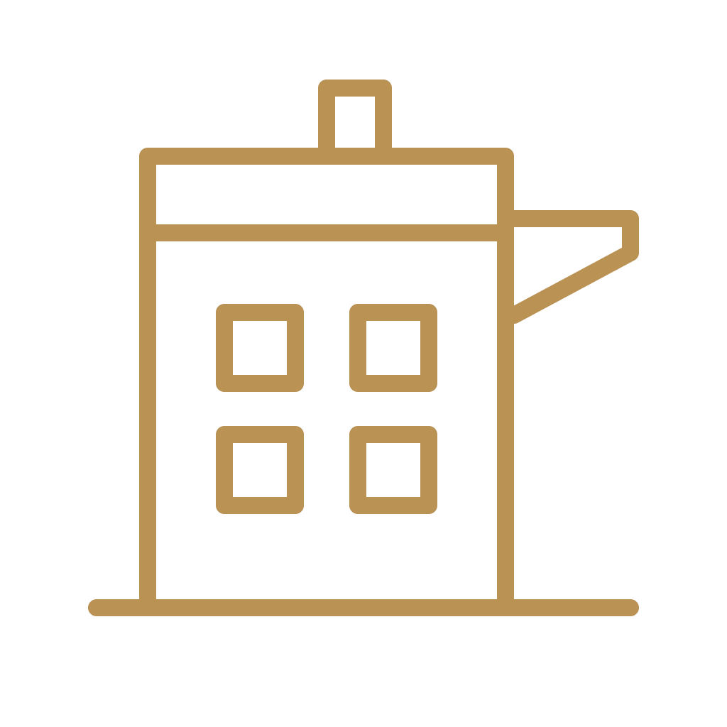 Outline of a building with four windows and an extended arm on the right side, depicted in gold on a black background.