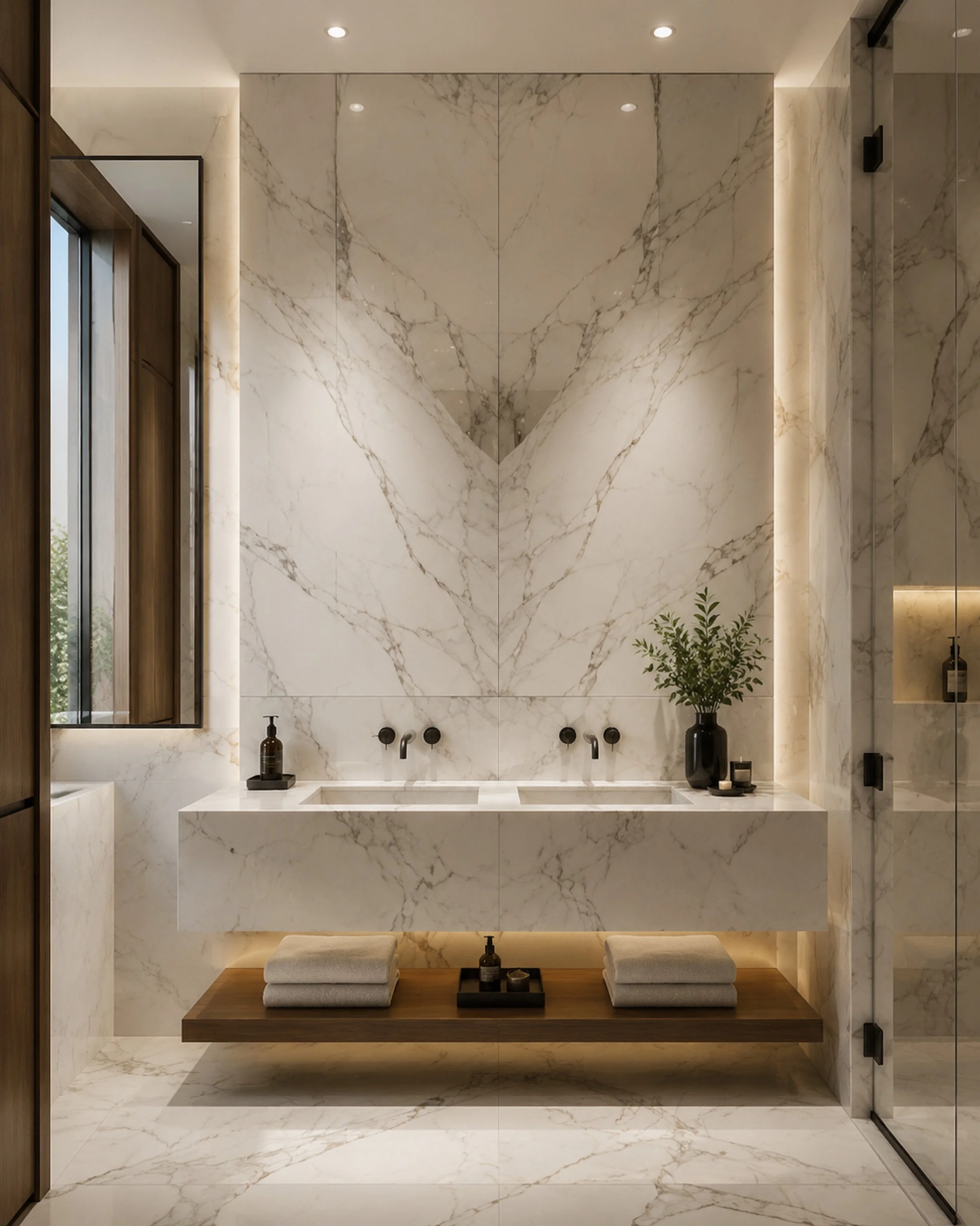Bookmatched marble bathroom with a monolithic double vanity and black fittings