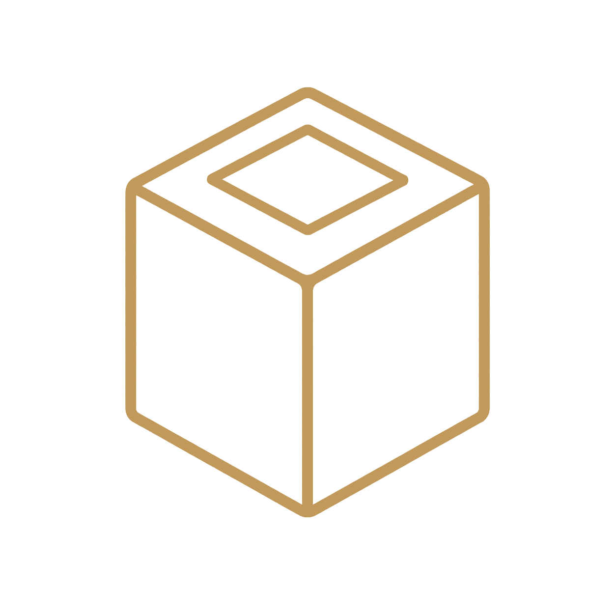 Outline illustration of a cardboard box with a top opening and a square label on the lid, in beige color on a black background.