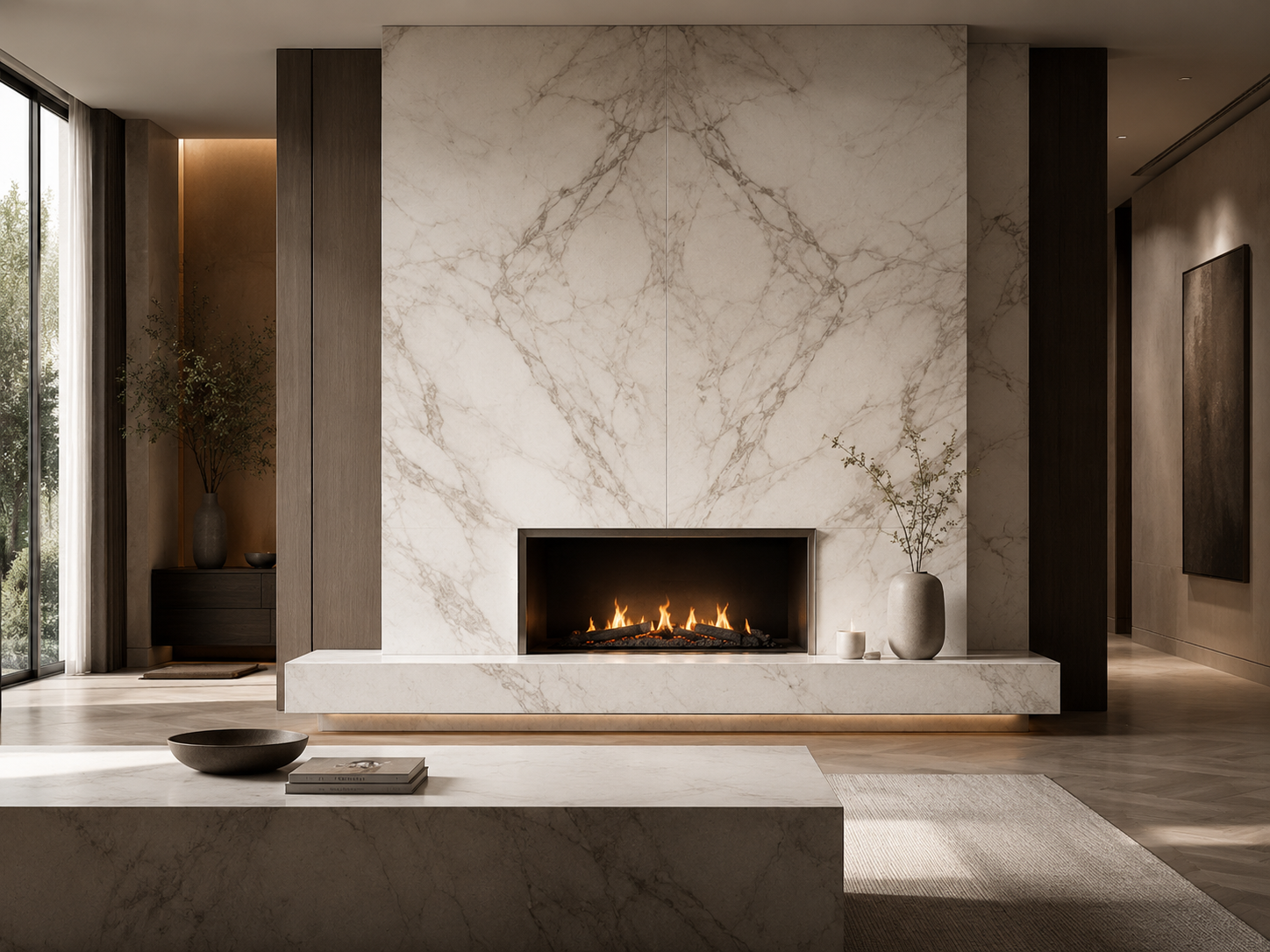 Bookmatched marble fireplace feature in a refined living room