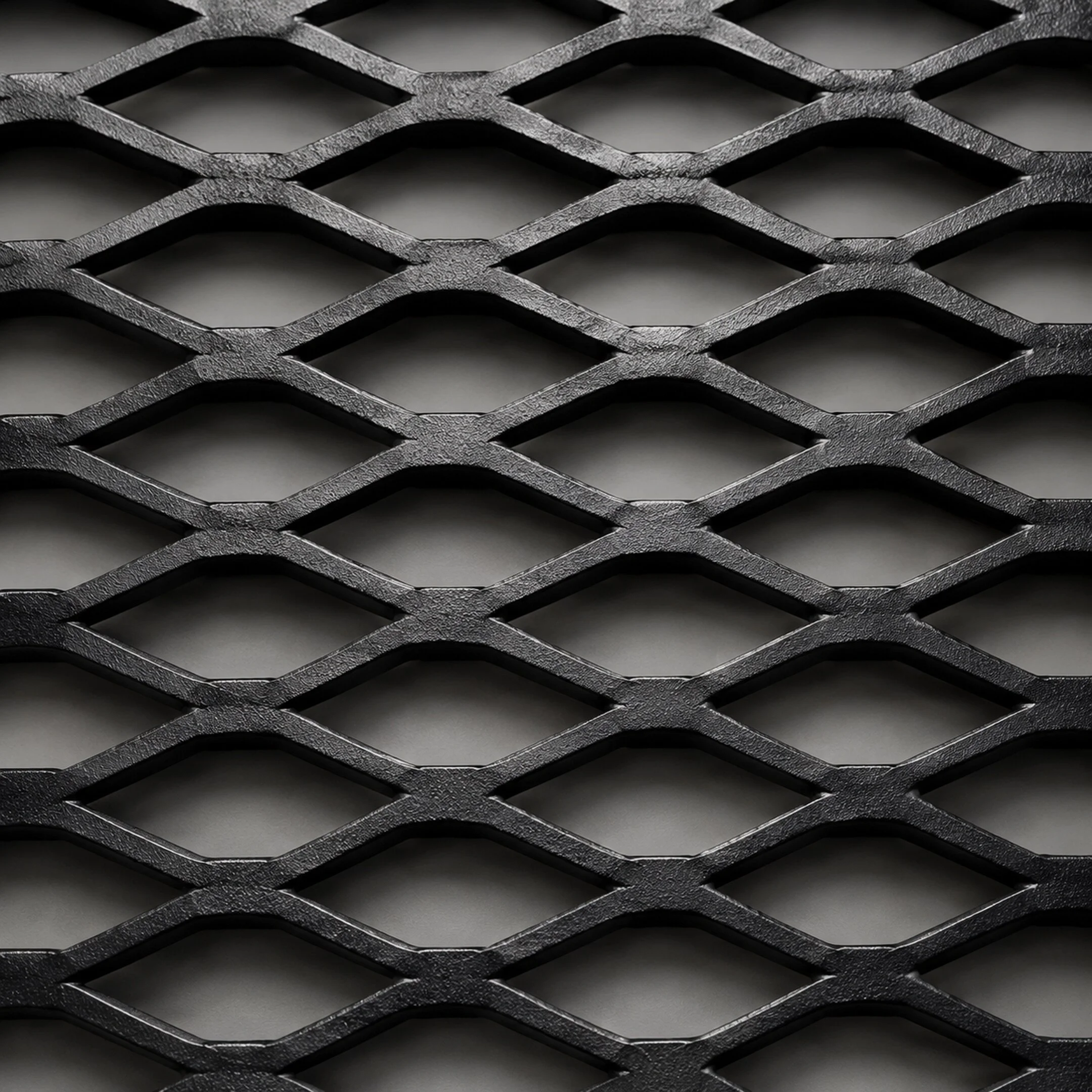 Macro view of black powder-coated expanded steel mesh with a consistent diamond pattern.