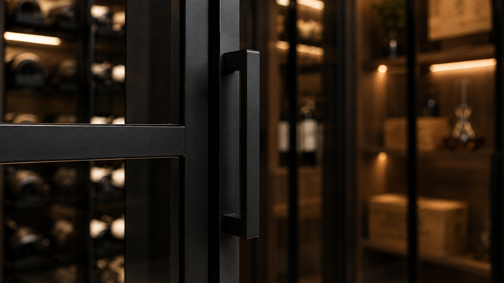 Close-up of slim black steel wine-cellar door profiles and bespoke handle