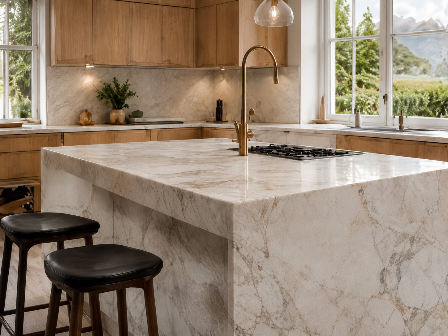 Veined natural stone kitchen island with warm timber cabinetry