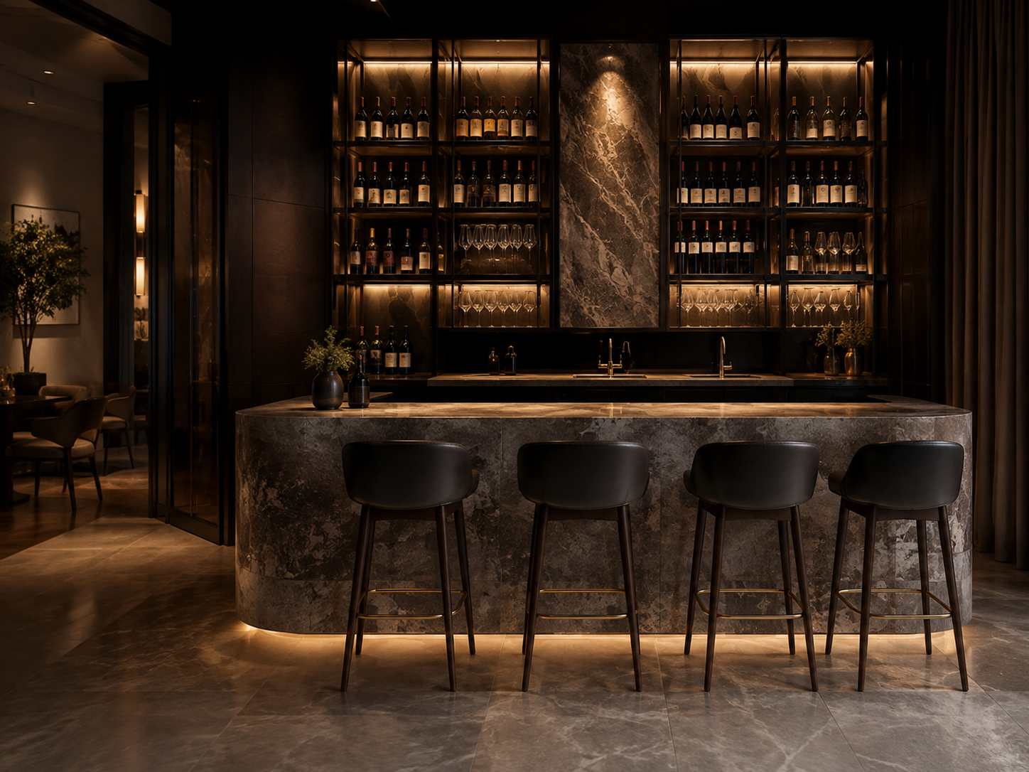 Elegant modern bar with marble counter, black chairs, and backlit shelves filled with wine bottles and glassware.