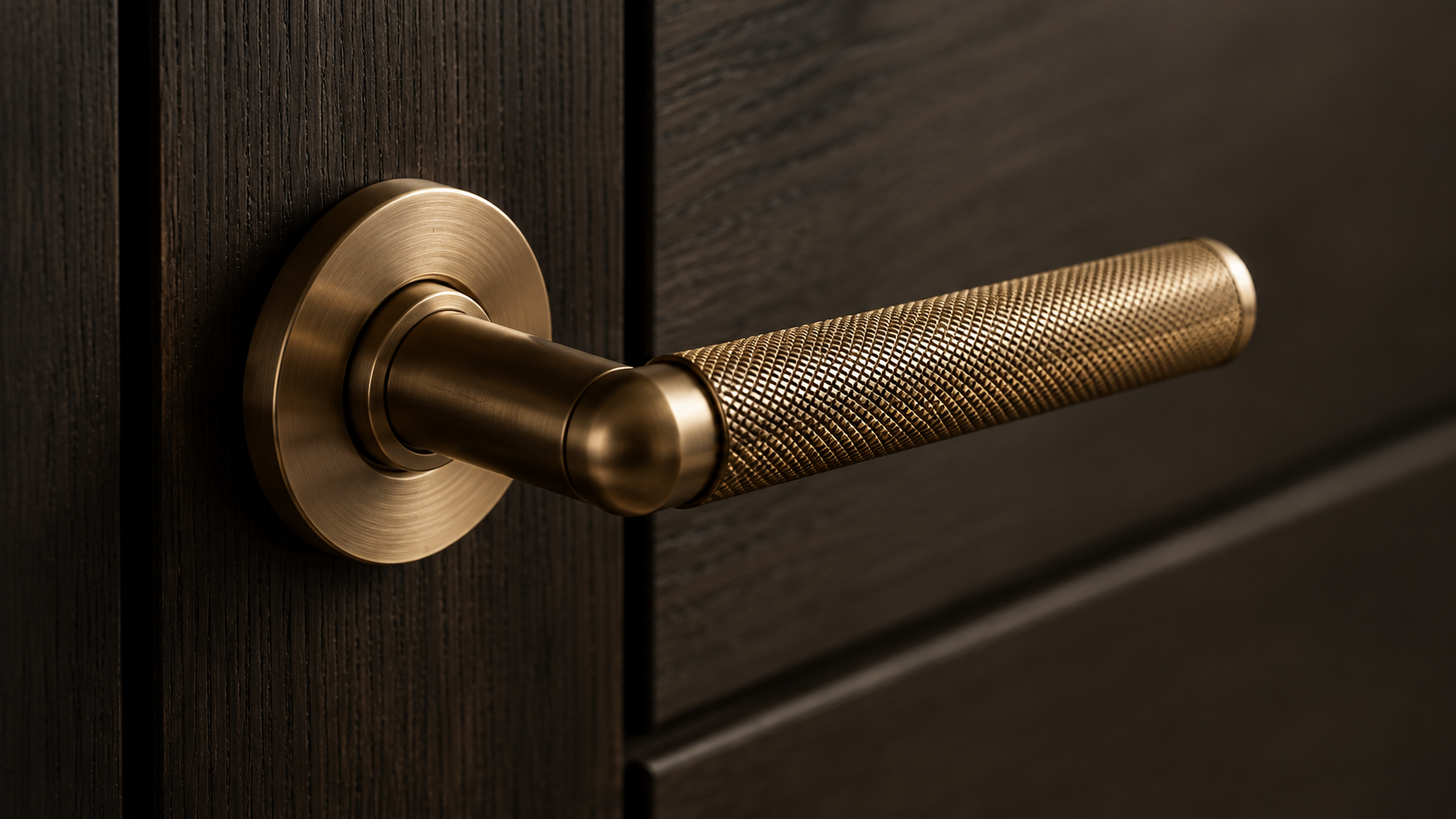 Antique brass knurled door handle on dark timber door
