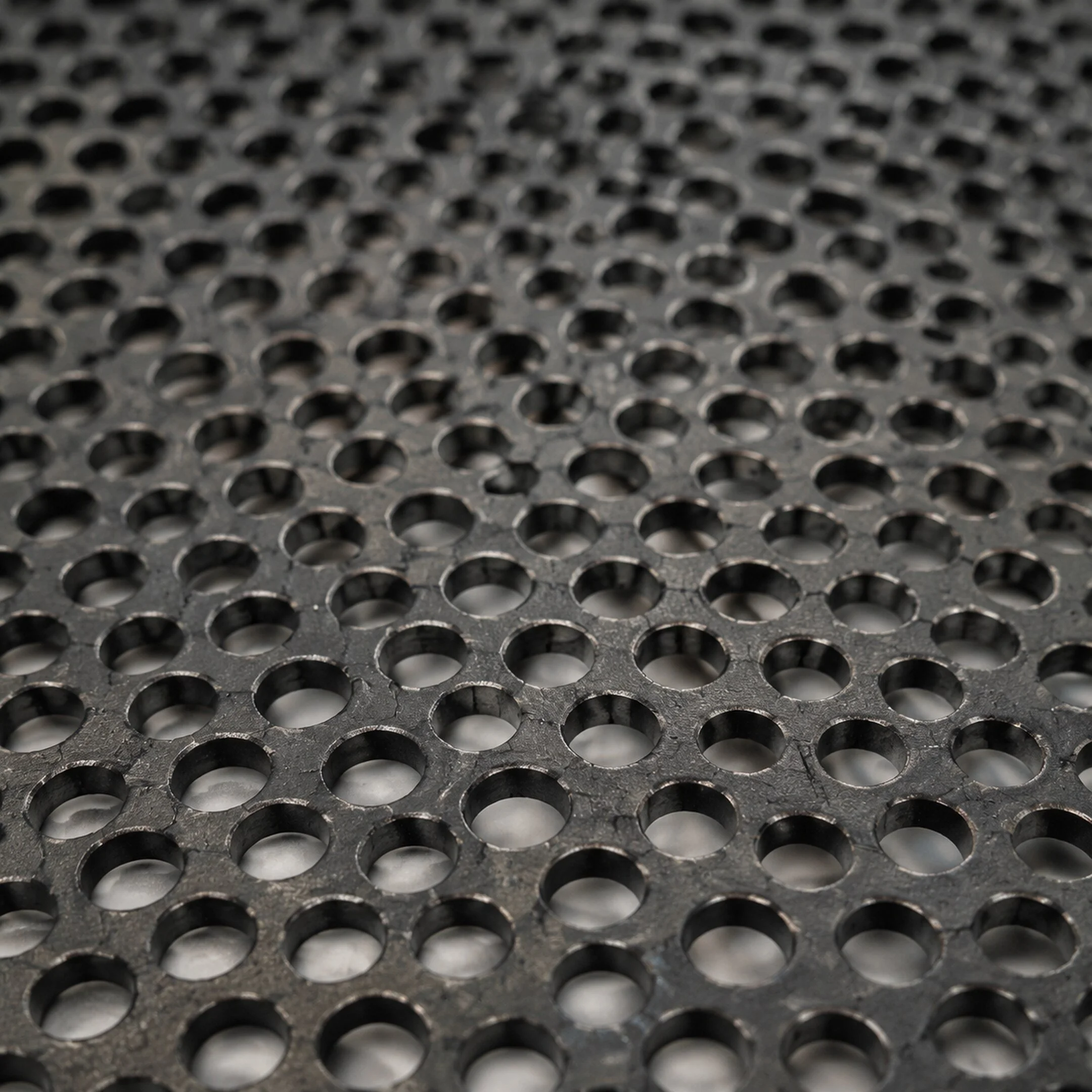 Macro view of dark architectural steel with a precise circular perforation pattern.