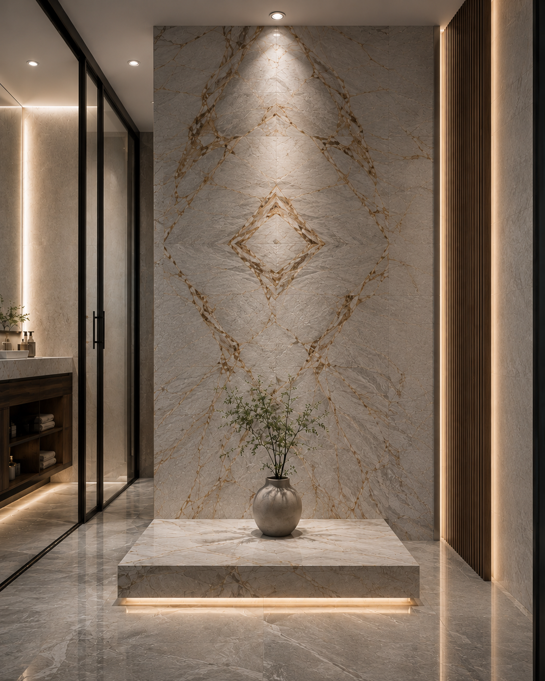 Modern interior with a marble accent wall, a vase with greenery on a platform, and warm lighting.