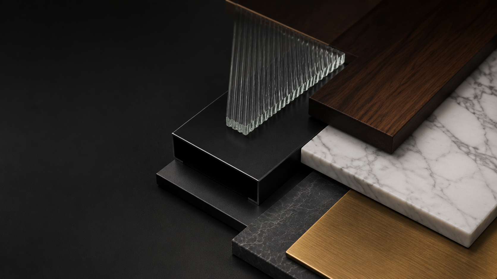 Architectural material samples including black steel, fluted glass, walnut, marble, dark stone and brushed brass