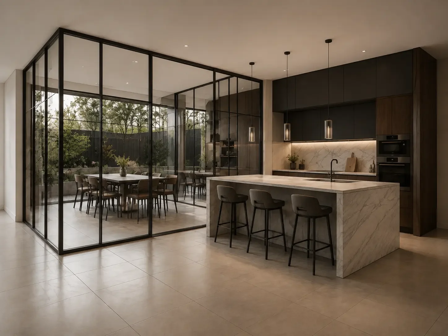 Completed bespoke steel, glass and marble kitchen developed from the concept sketch