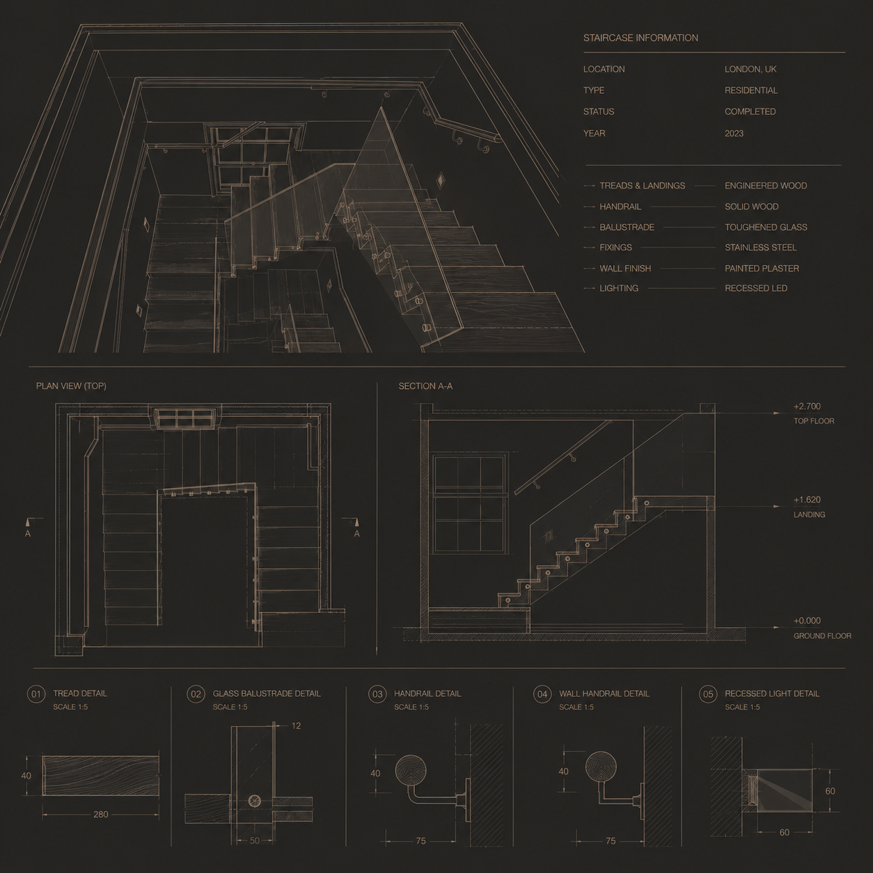 Architectural blueprint of a staircase project in London, UK, showing top view, section view, and detailed drawings of treads, handrail, balustrade, wall, and lighting fixtures, with specifications and completed status from 2023.