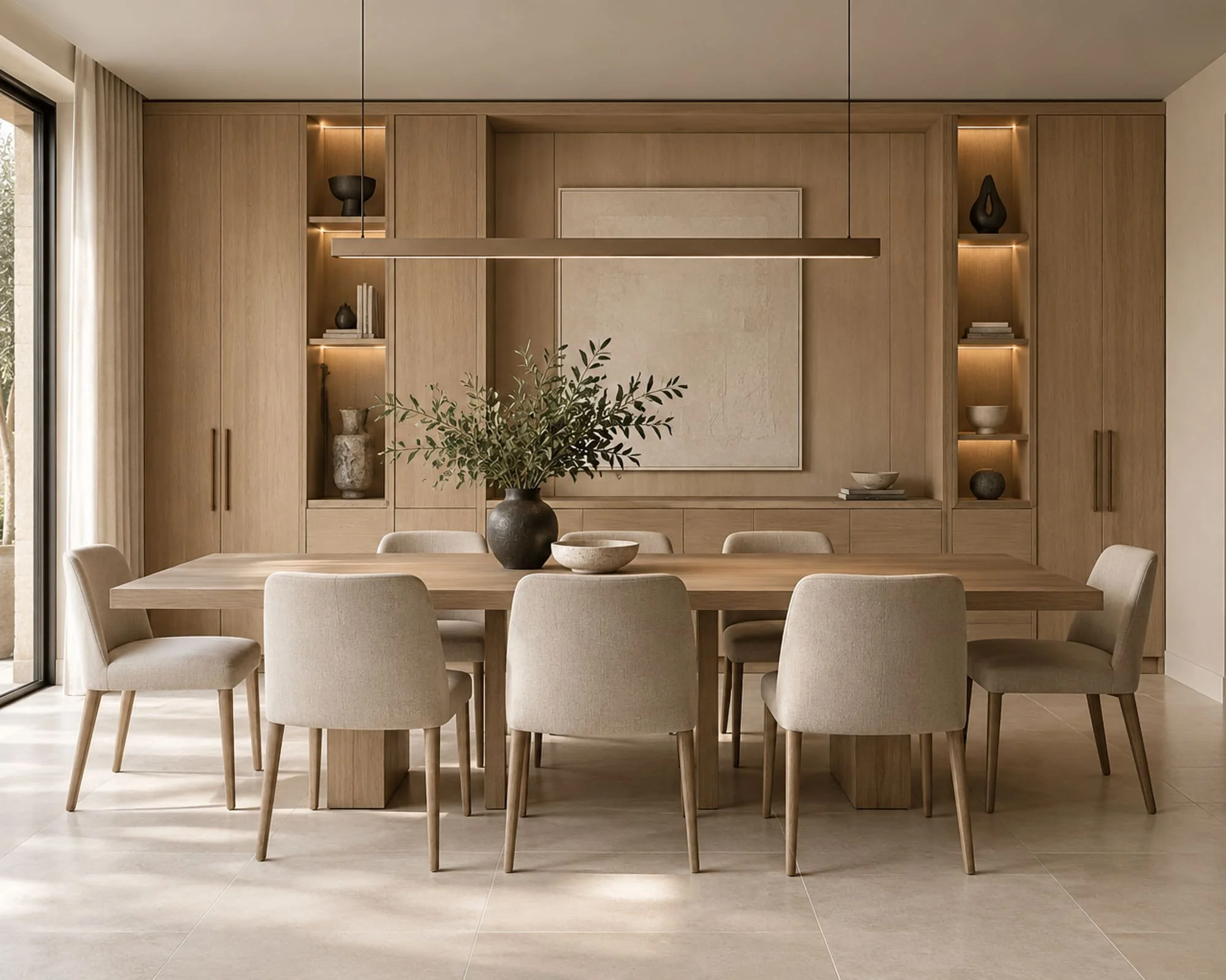 Made-to-measure light oak dining room cabinetry with concealed storage and illuminated display niches